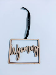 State ornament Wyoming for rustic holiday decor with black ribbon