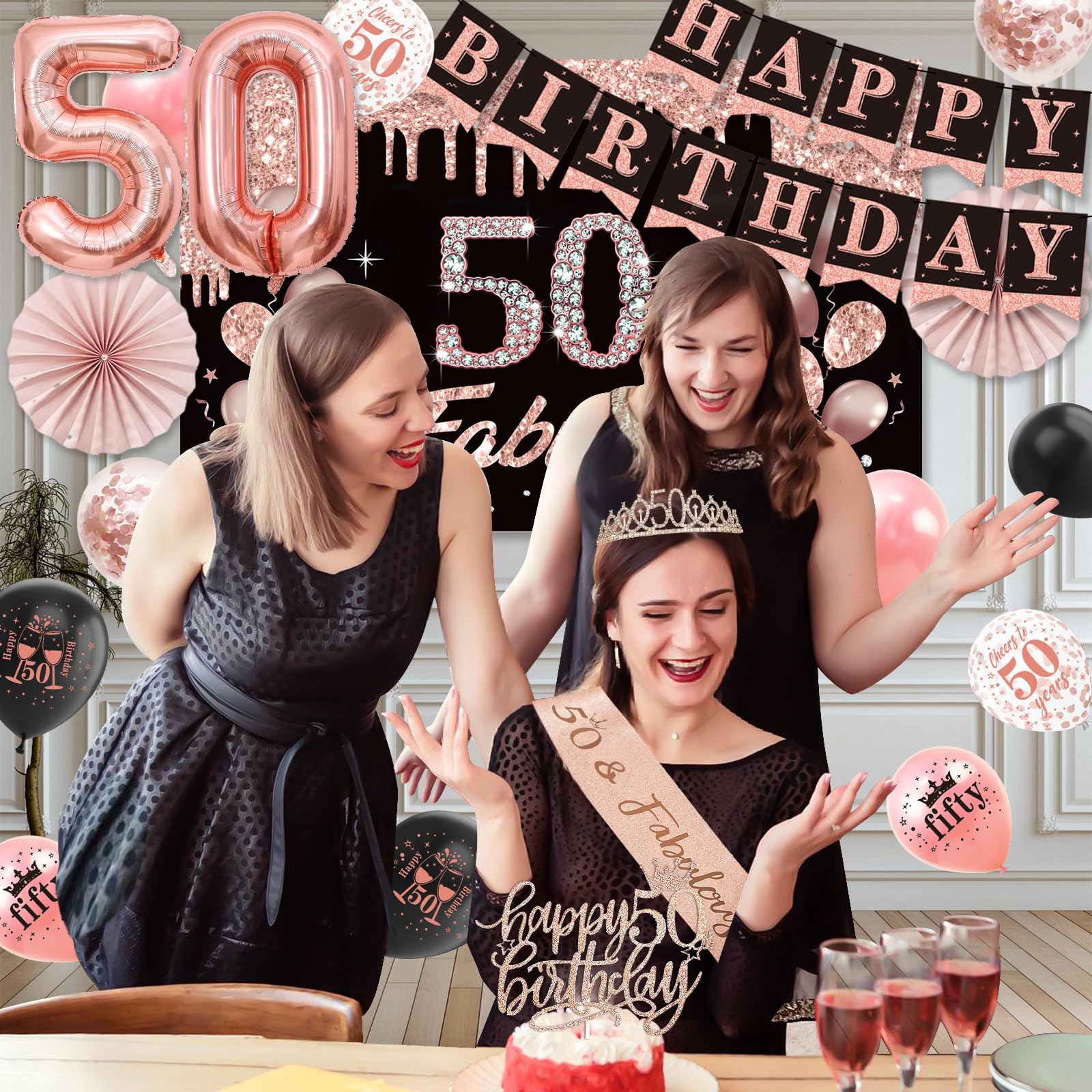 black rose gold 50th birthday banner and tiara