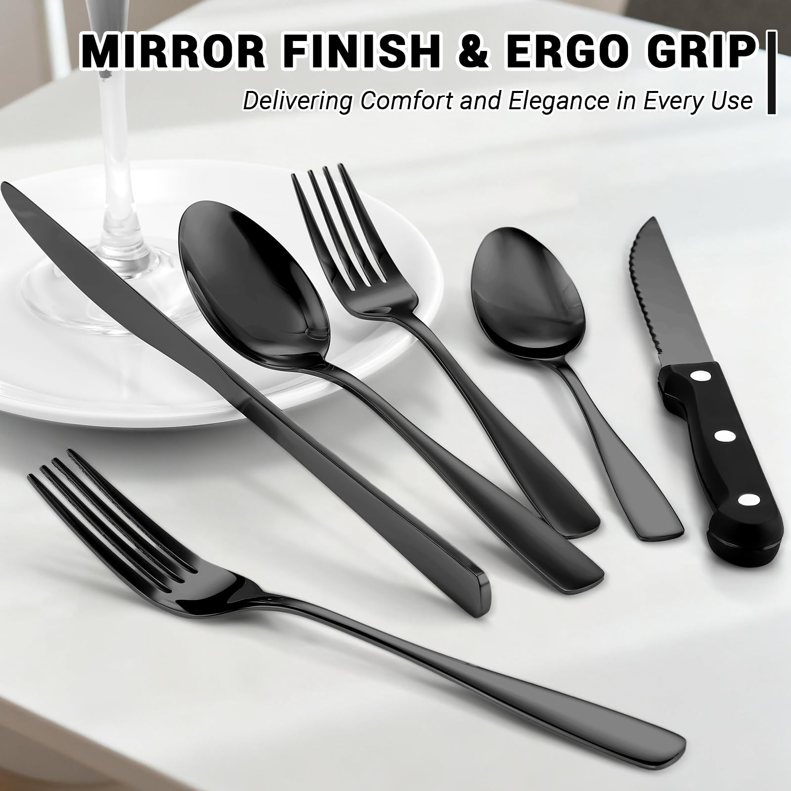 Black silverware with ergonomic handles and mirror polish