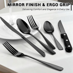 Black silverware with ergonomic handles and mirror polish