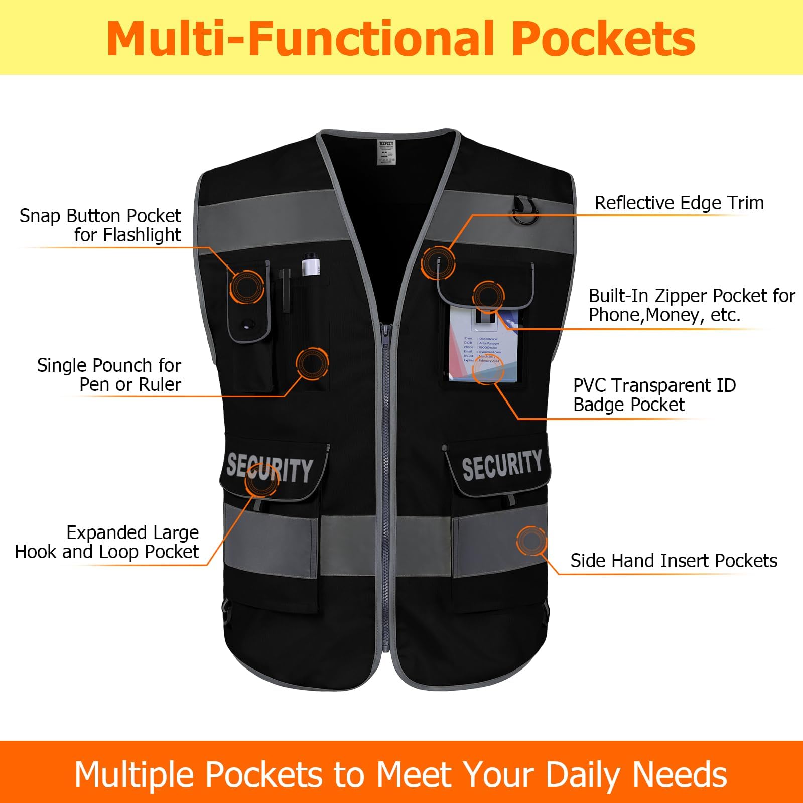 Black safety vest designed for security guards