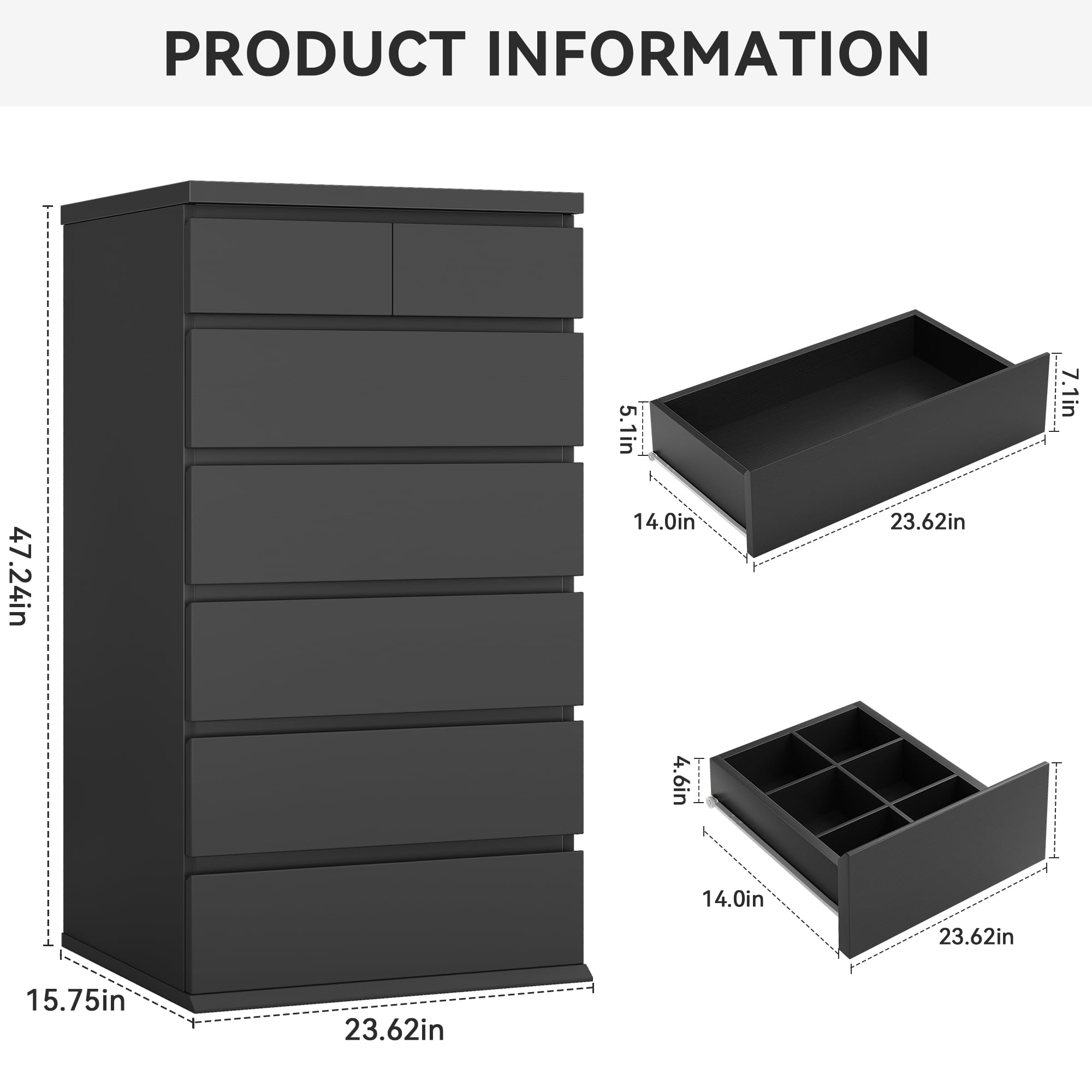 Bedroom dresser with seven drawers and top surface