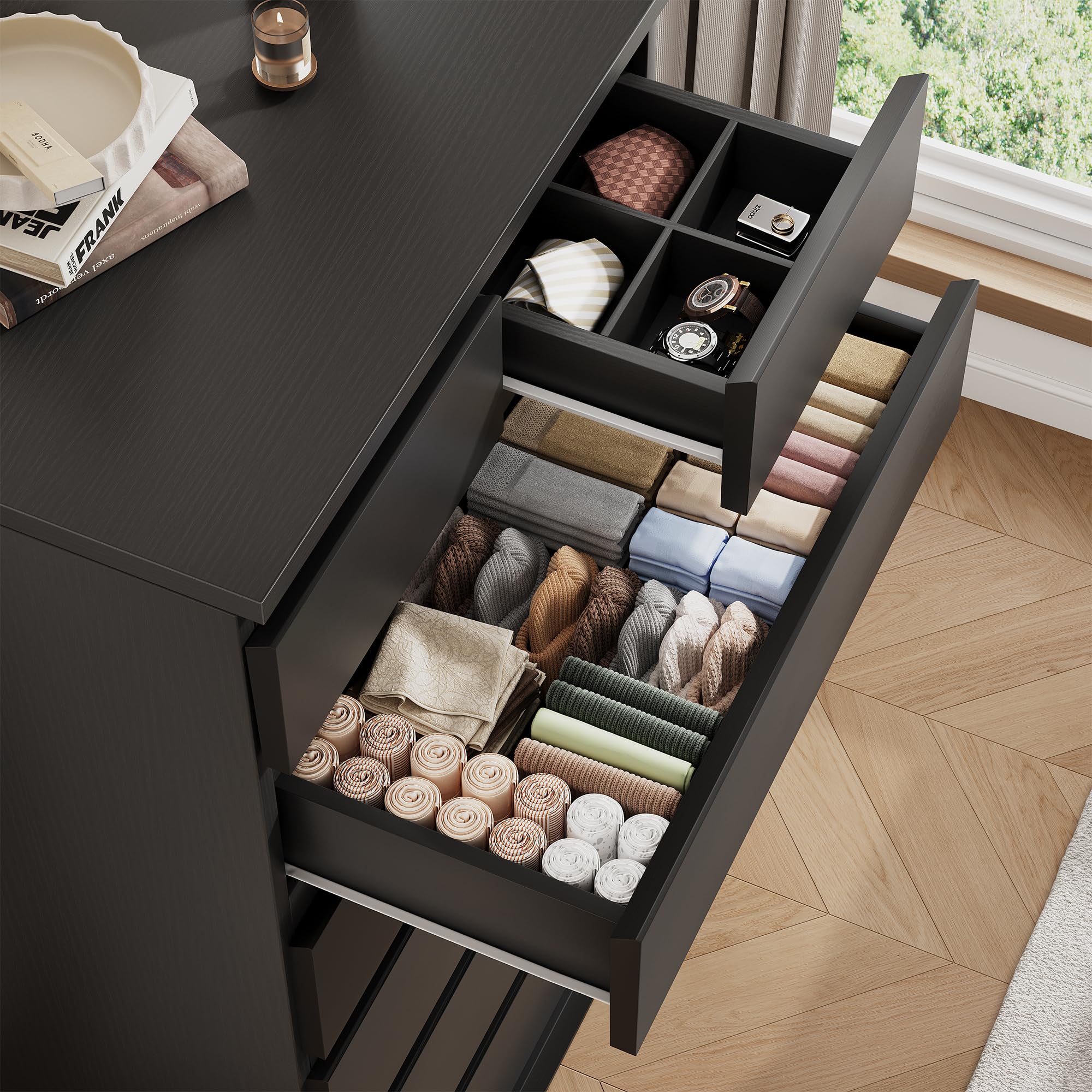 Vertical tall dresser in a bedroom setting