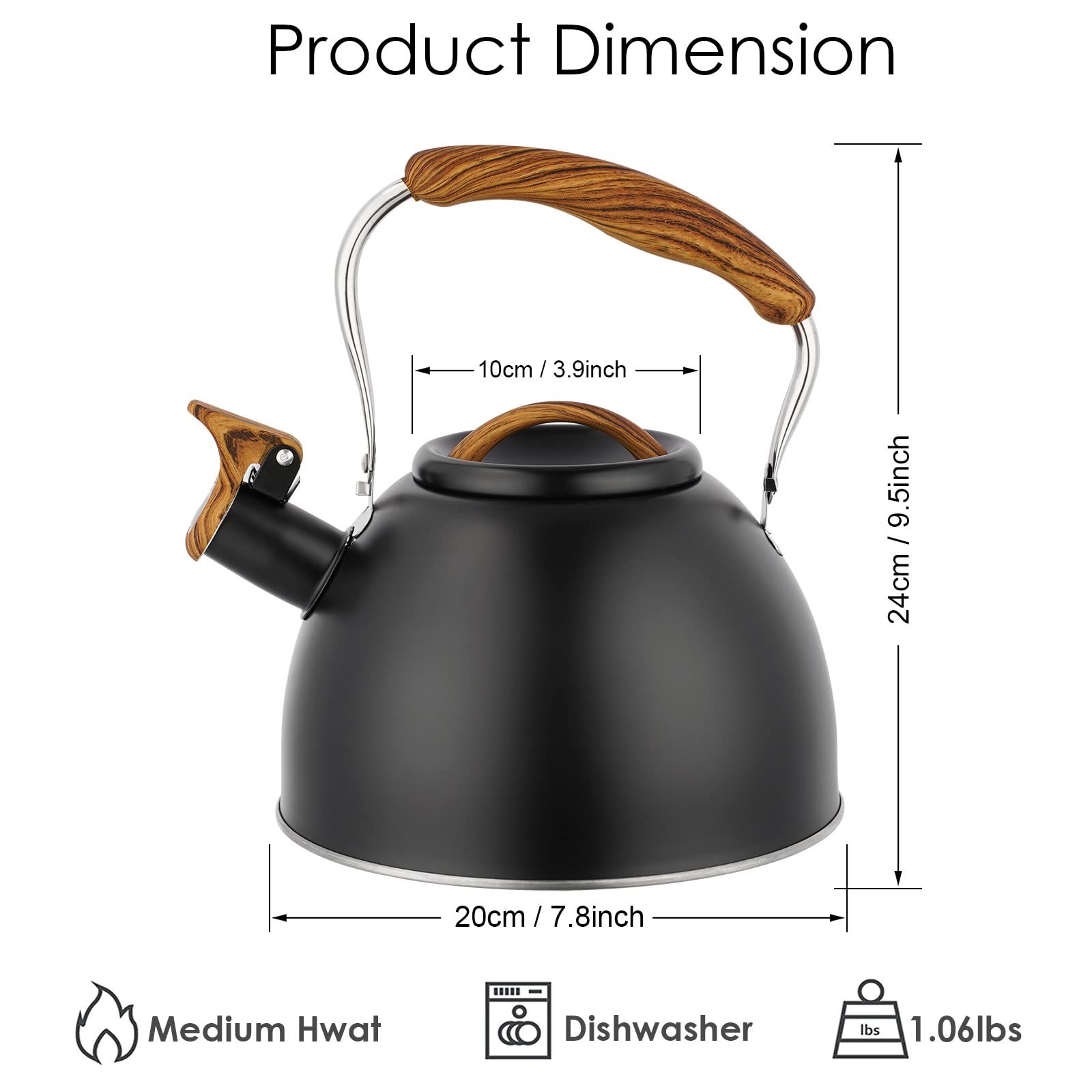 Black tea kettle featuring wood pattern handle and lid