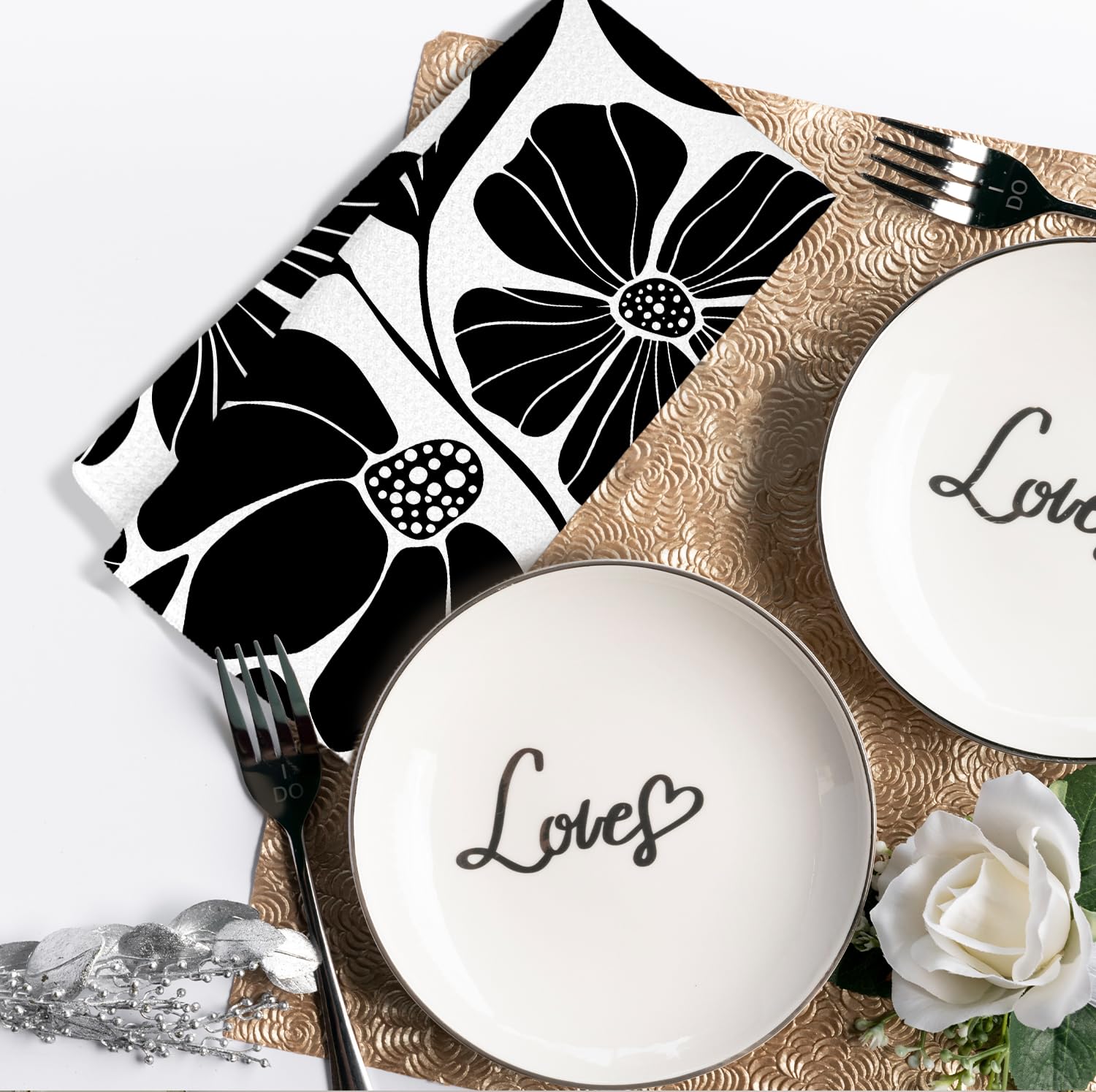 Black and white floral kitchen towels decorative accent