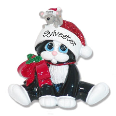 Black & White Tuxedo Christmas Kitty CAT ornament carrying his little friend in his hat