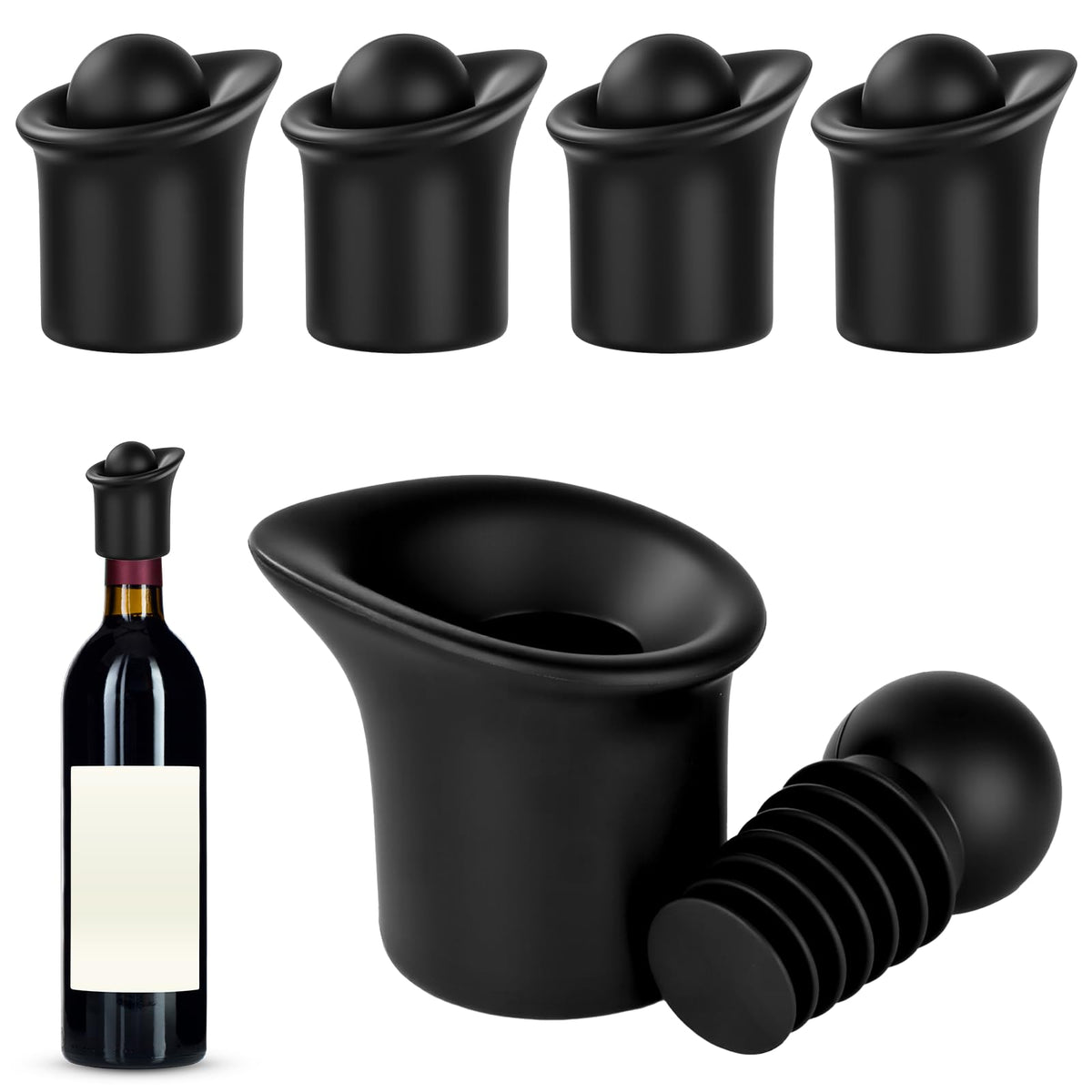 4 piece black wine stopper set for red wine
