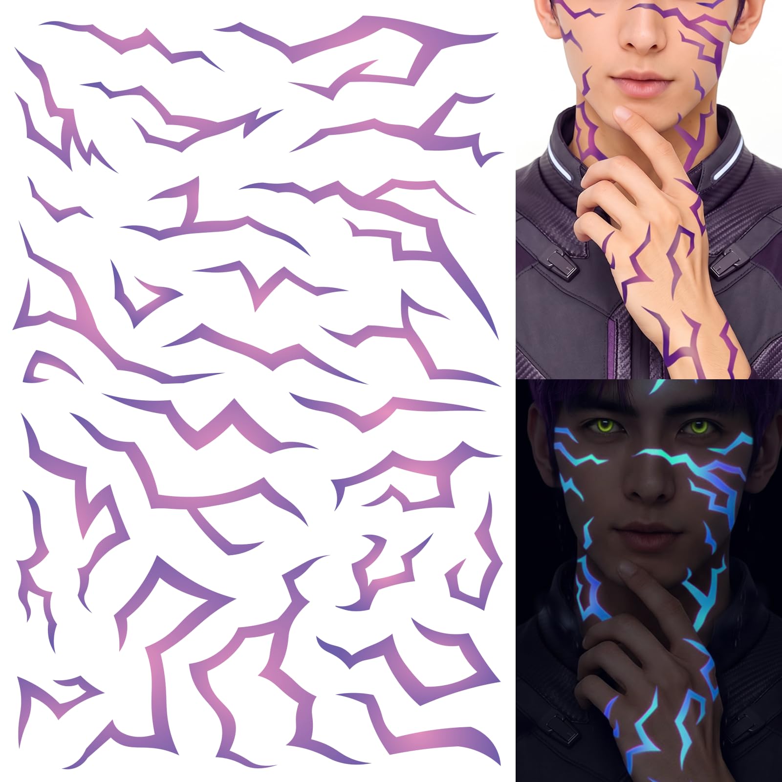 Blacklight glow temporary tattoos 3 sheets purple pattern for cosplay