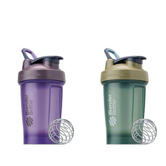 Two 20oz BlenderBottle Classic V2 shaker bottles in purple and tan with BlenderBall whisks