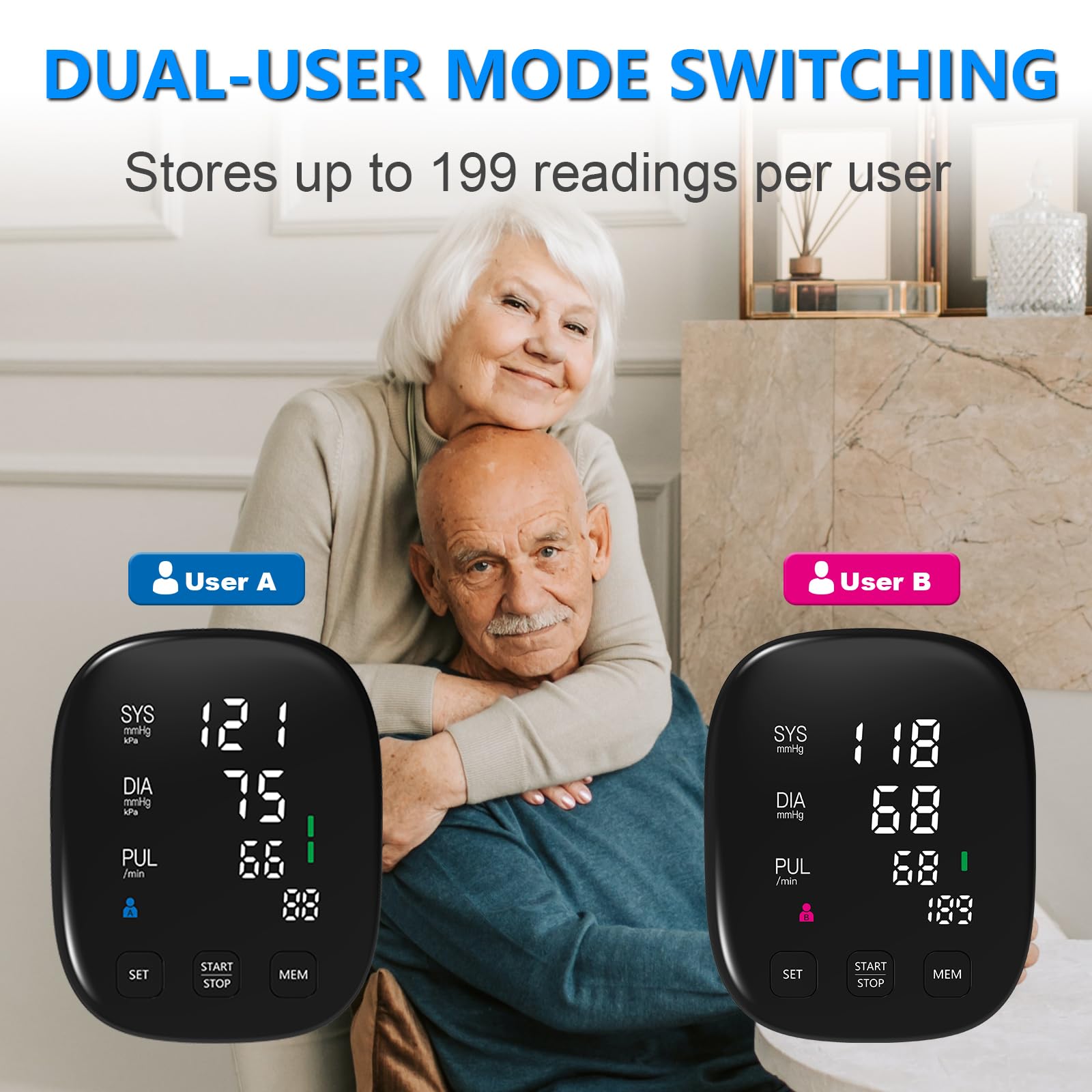 Dual-user memory up to 199 readings for BP monitor