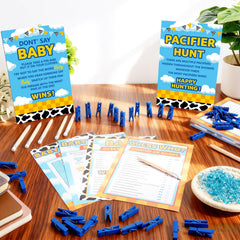 Blue acrylic pacifiers included in the set for games