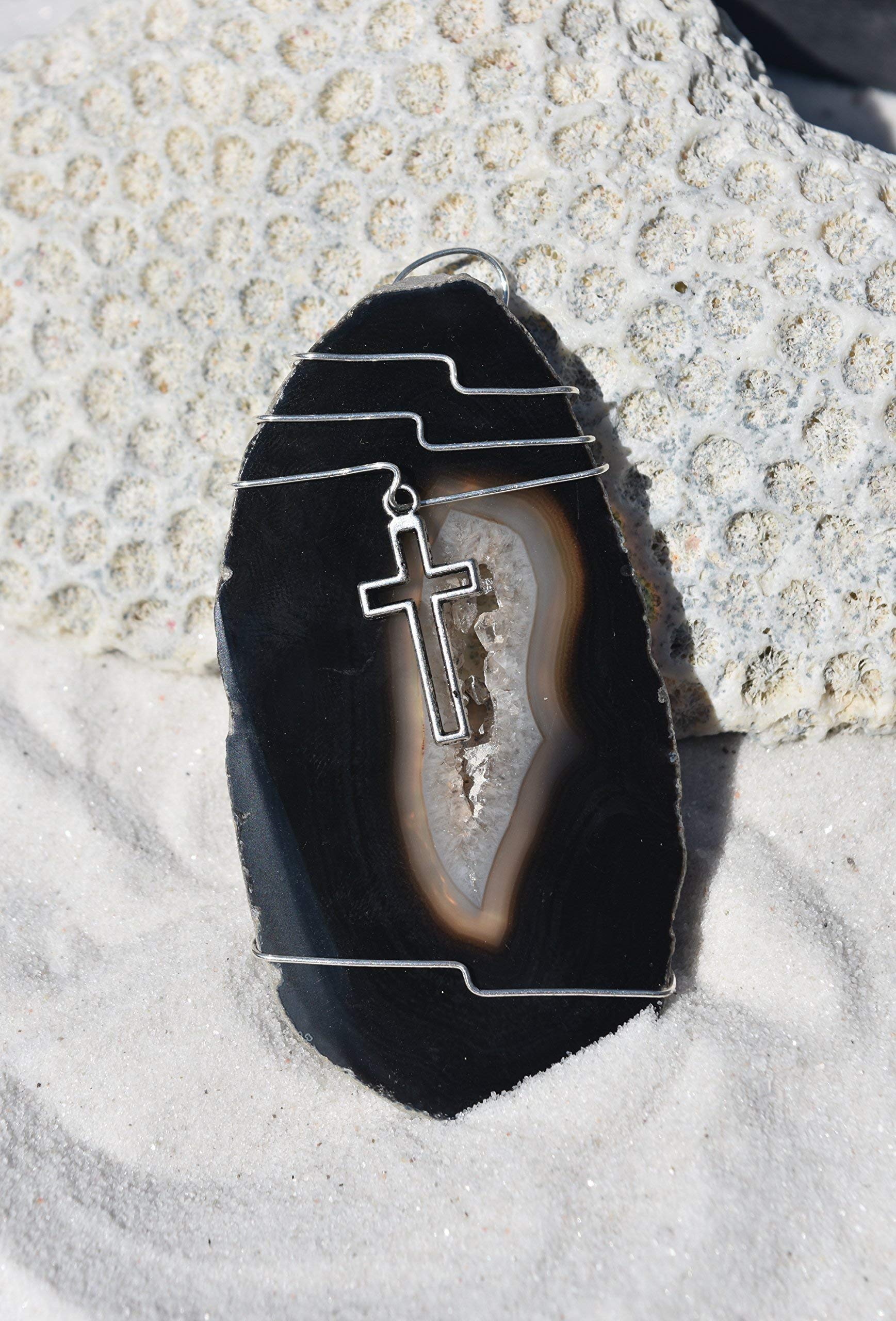 Blue color agate slice ornament with cross charm