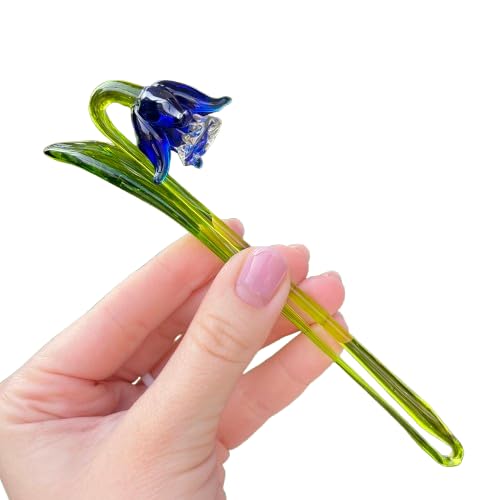 Blue Bell Flower Figurine 7in hand blown murano style sculpture on shelf