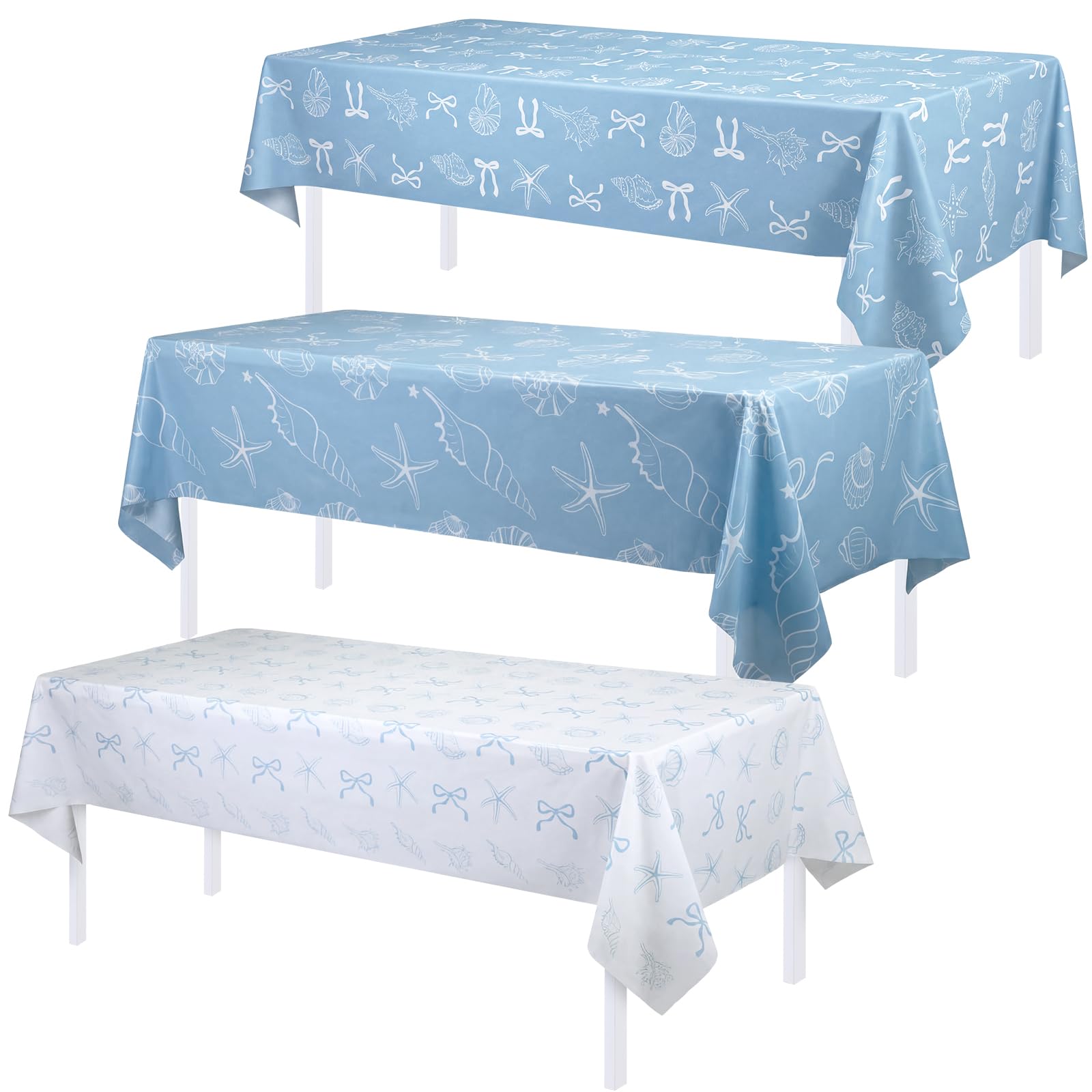 Blue Bow Starfish Seashell Tablecloth set of 3 for coastal decor