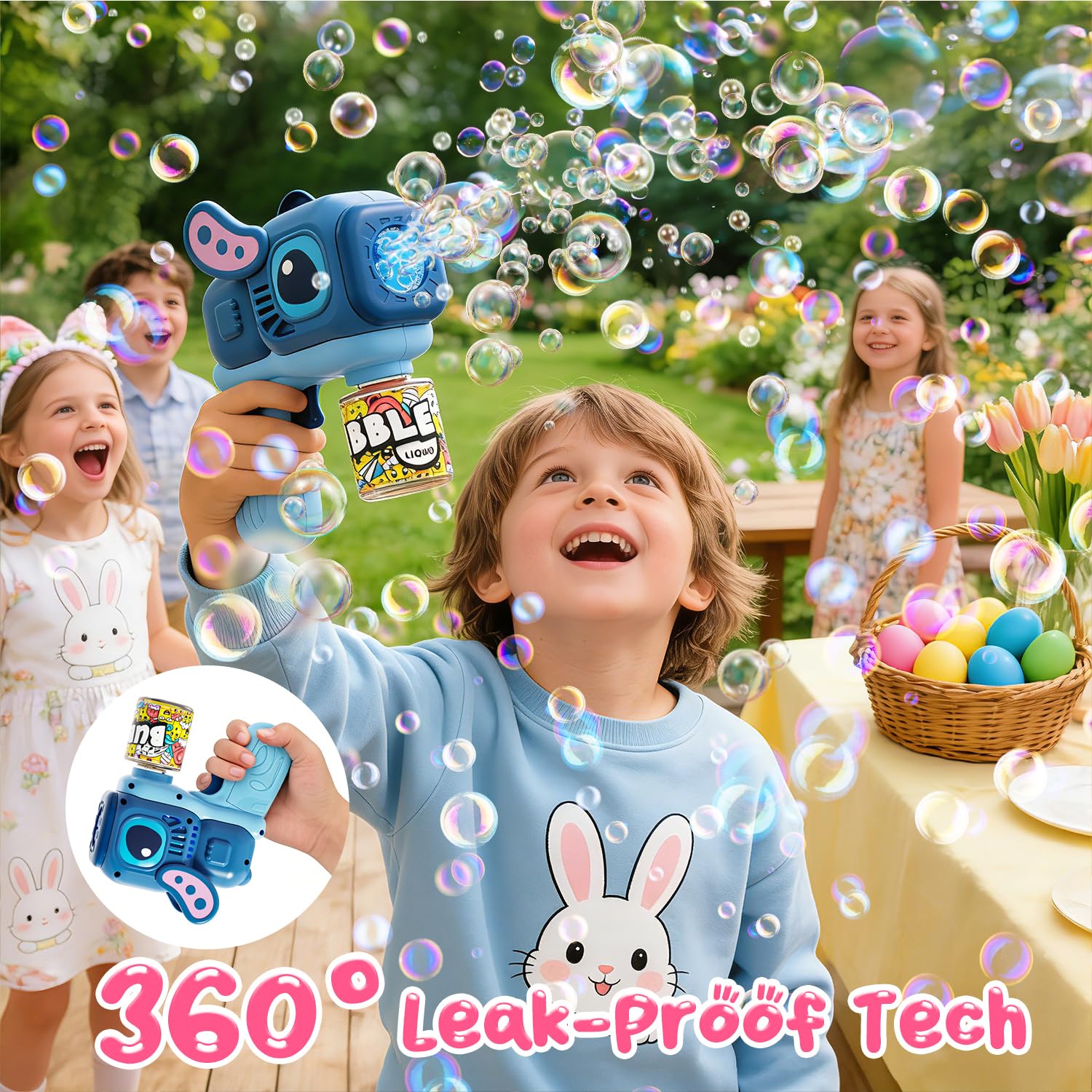 Blue bunny bubble gun with ergonomic handle for toddlers