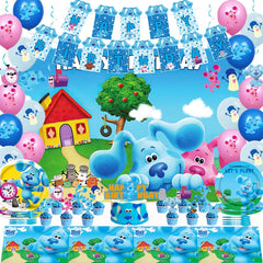 Blue Cartoon Dog birthday party backdrop with banner