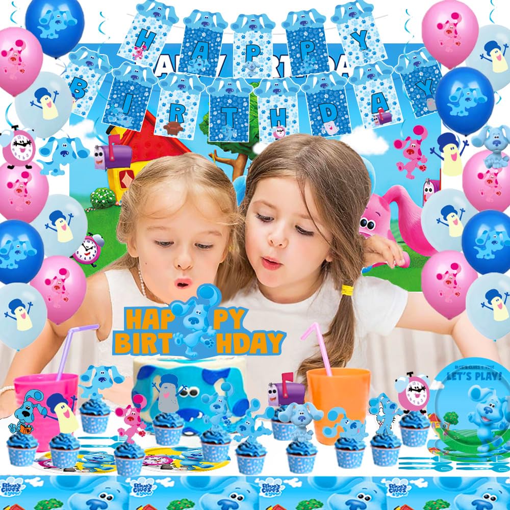 Blue Cartoon Dog party kit showing backdrop banner and tablecloth
