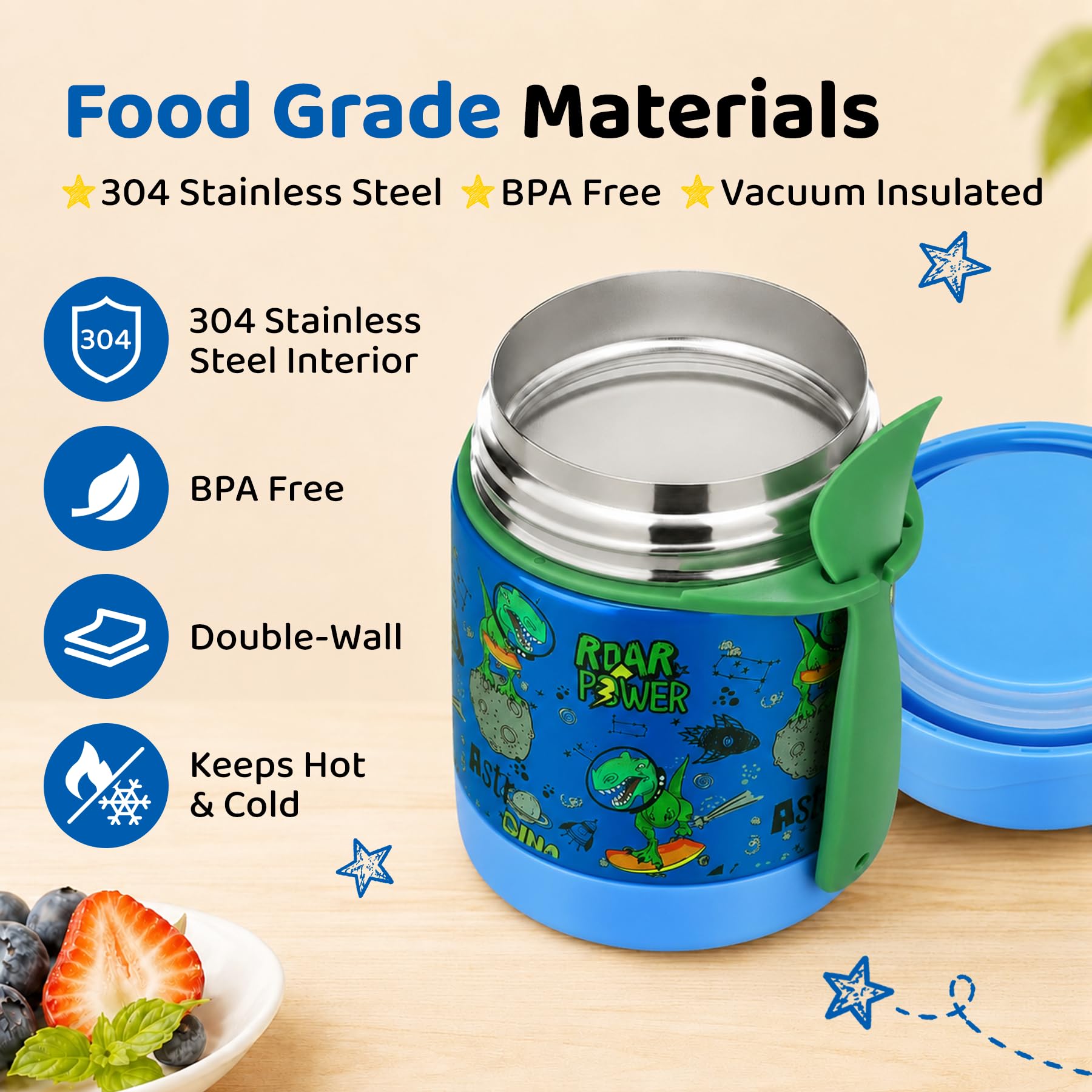 blue dinosaur insulated food jar for kids