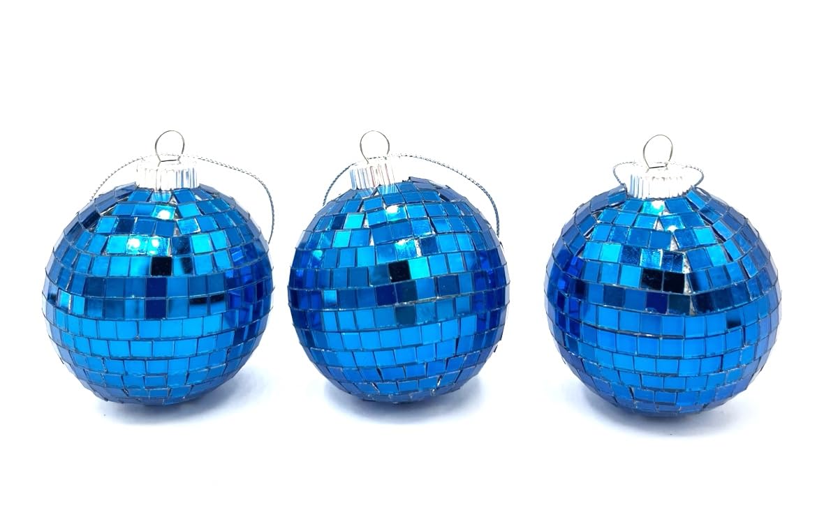 Blue disco mirror mosaic tile ornament set of 3 on Christmas tree