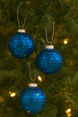 2.5 inch clear acrylic ball with blue mirrored tiles close-up