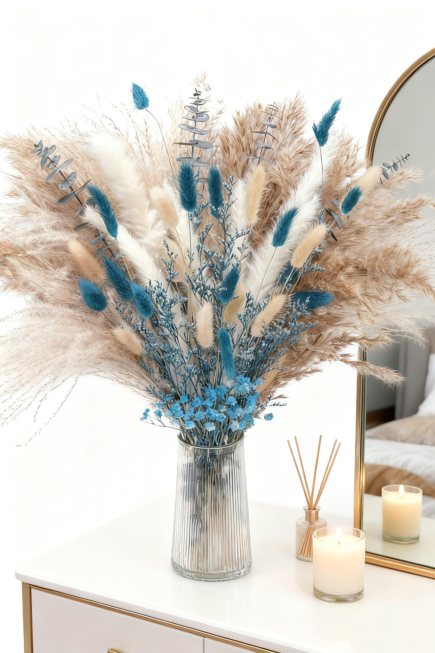 Blue dried babys breath detail in bouquet
