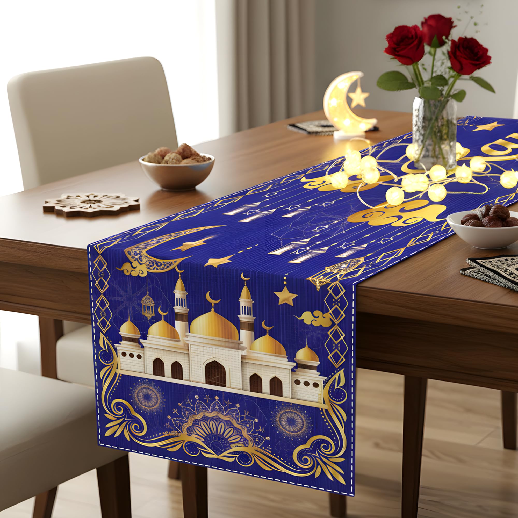 Crescent moon and star motif on Ramadan Mubarak Table Runner