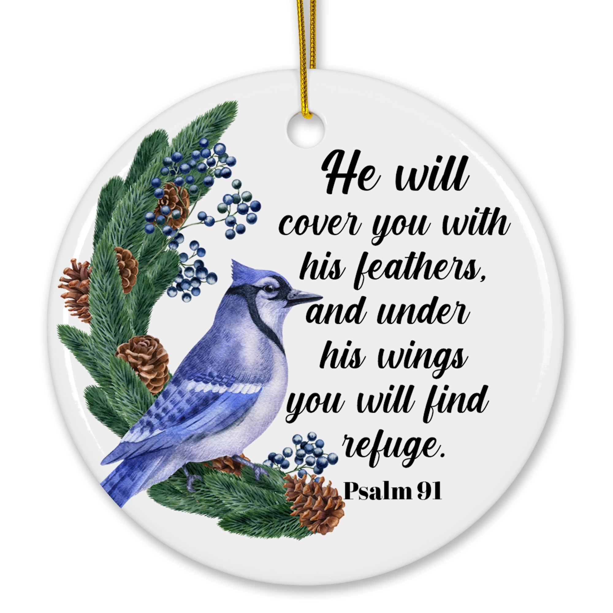 Front view of blue jay scripture wreath ornament with evergreen boughs and Psalm 91