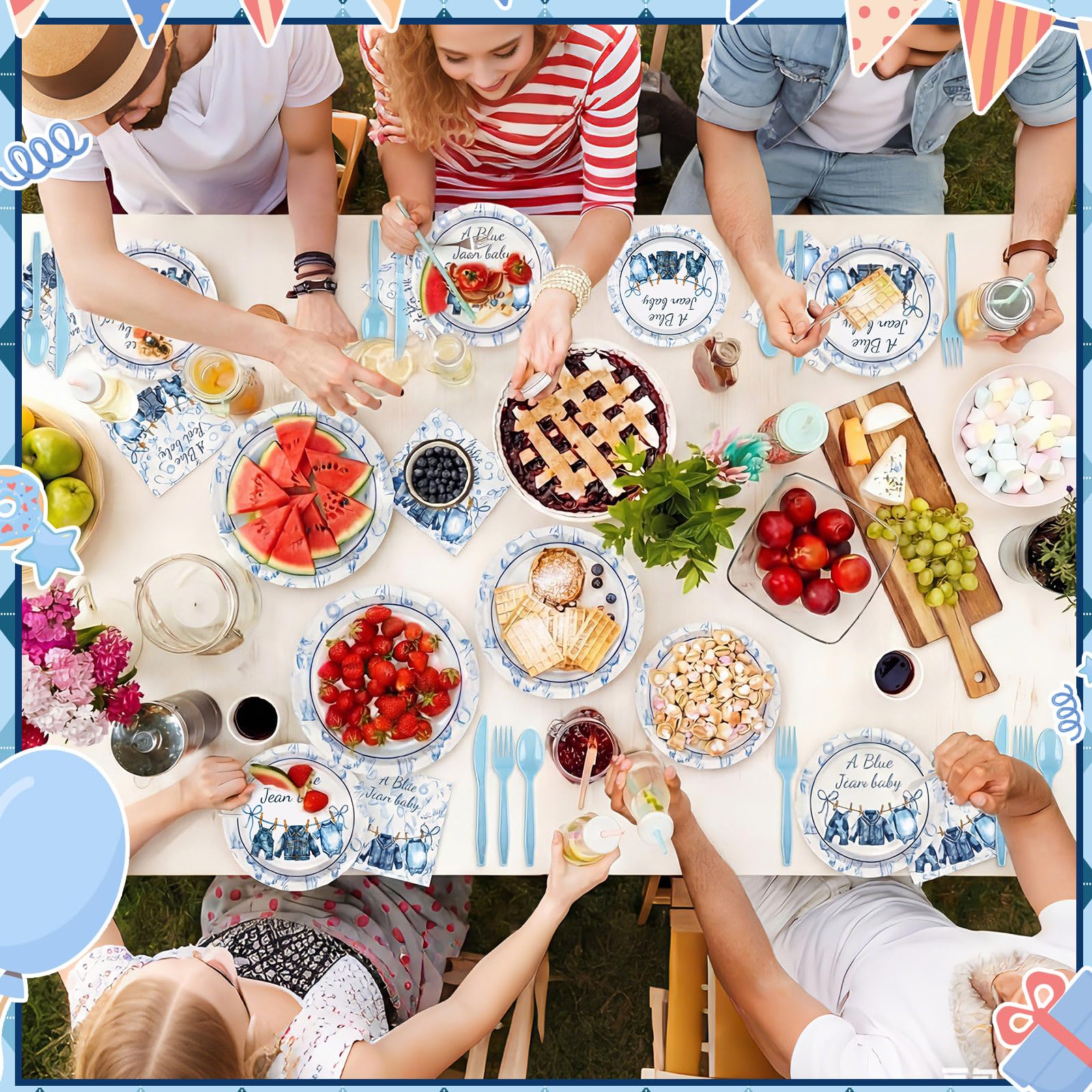 Yungyan 168 piece blue jean baby shower tableware serves 24