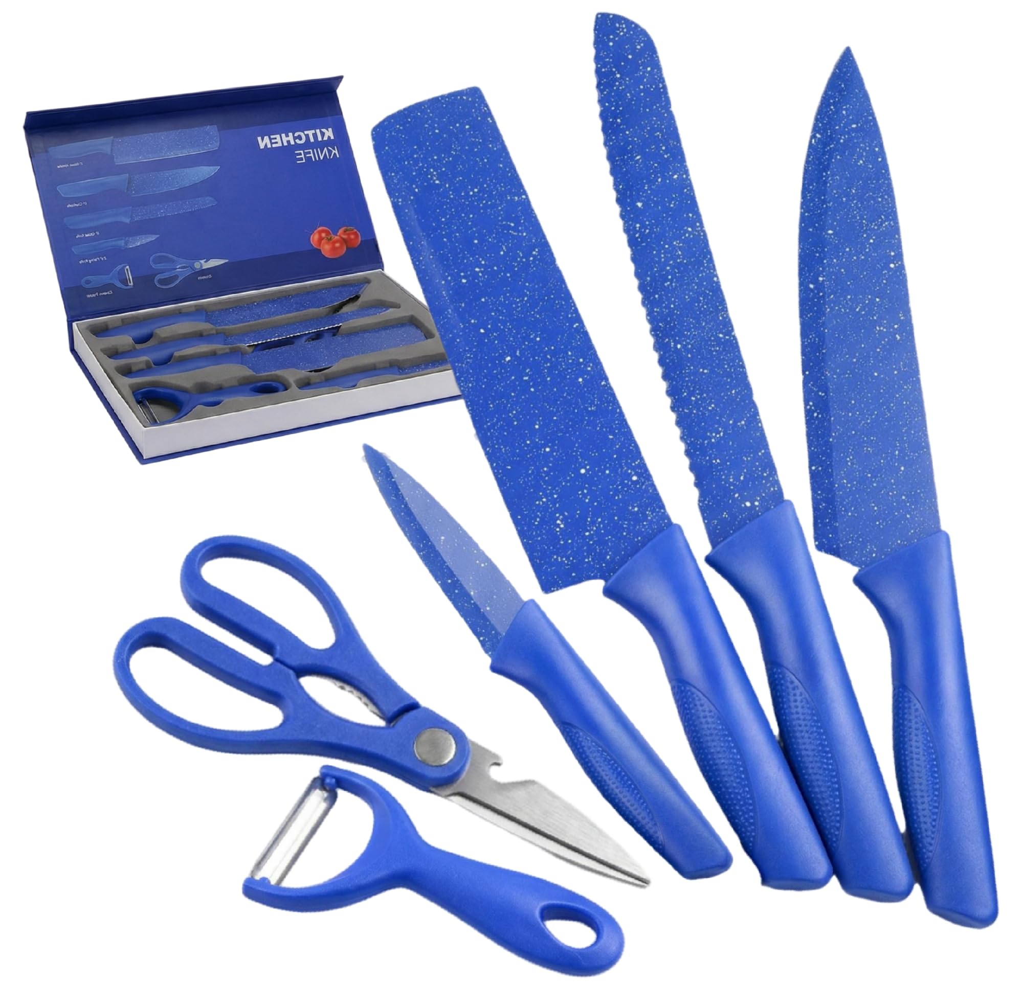 Blue Kitchen Knife Set 6pcs with chef knife and bread knife