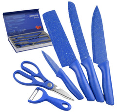 Blue Kitchen Knife Set 6pcs with chef knife and bread knife