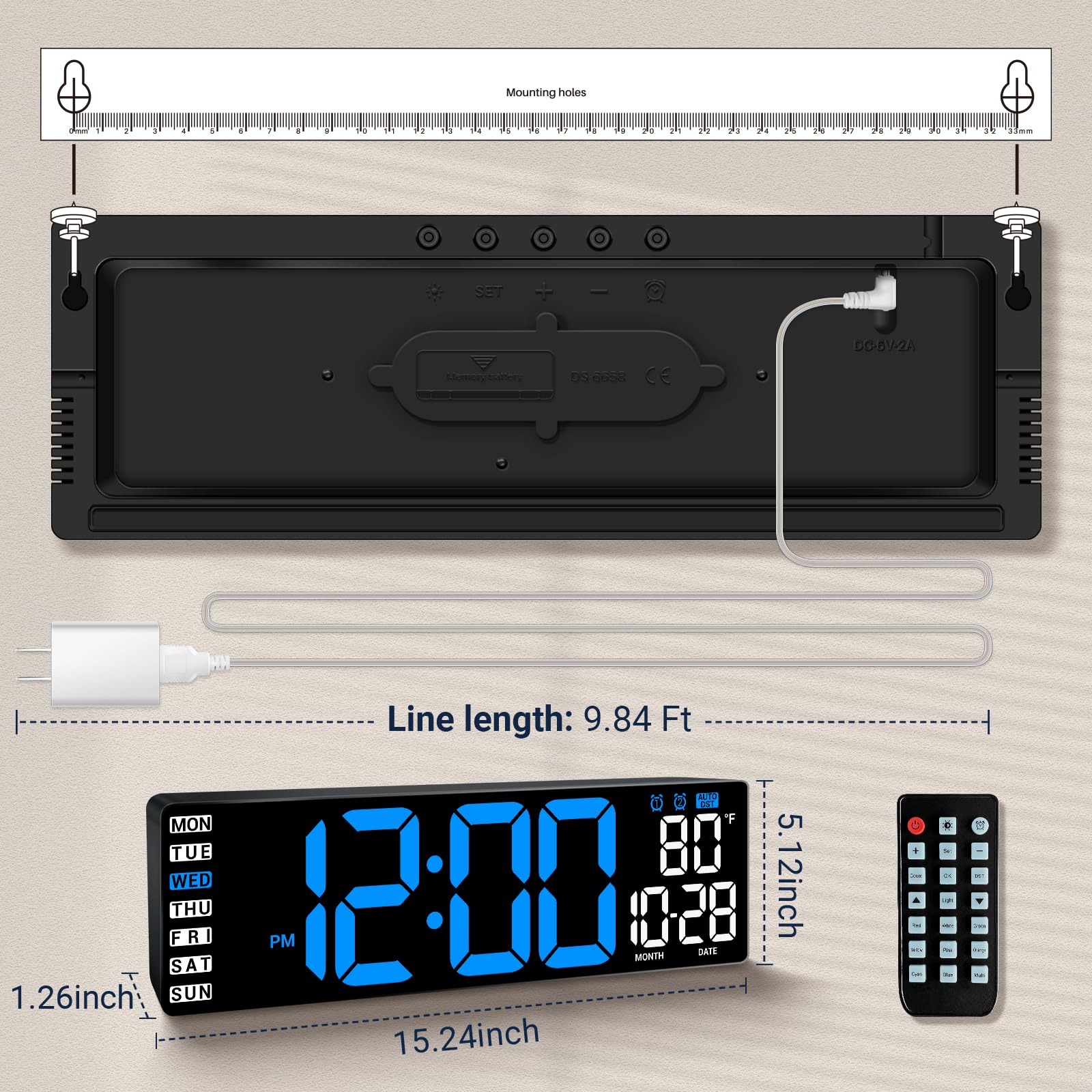 digital wall clock with remote control showing blue LED display