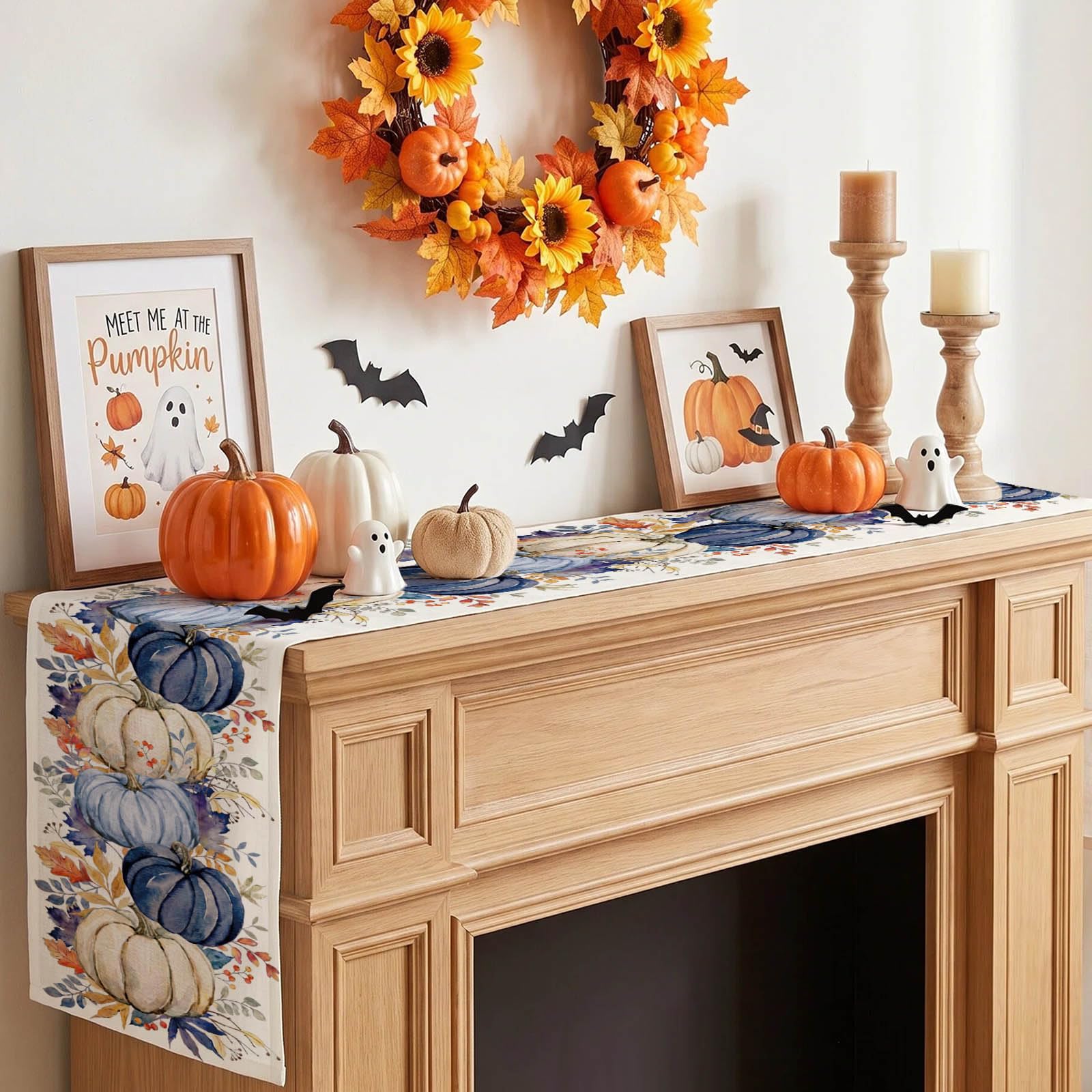 Blue Pumpkin Maple Leaf Fall Dinging Table Runner 13x72 Inch polyester fabric close up