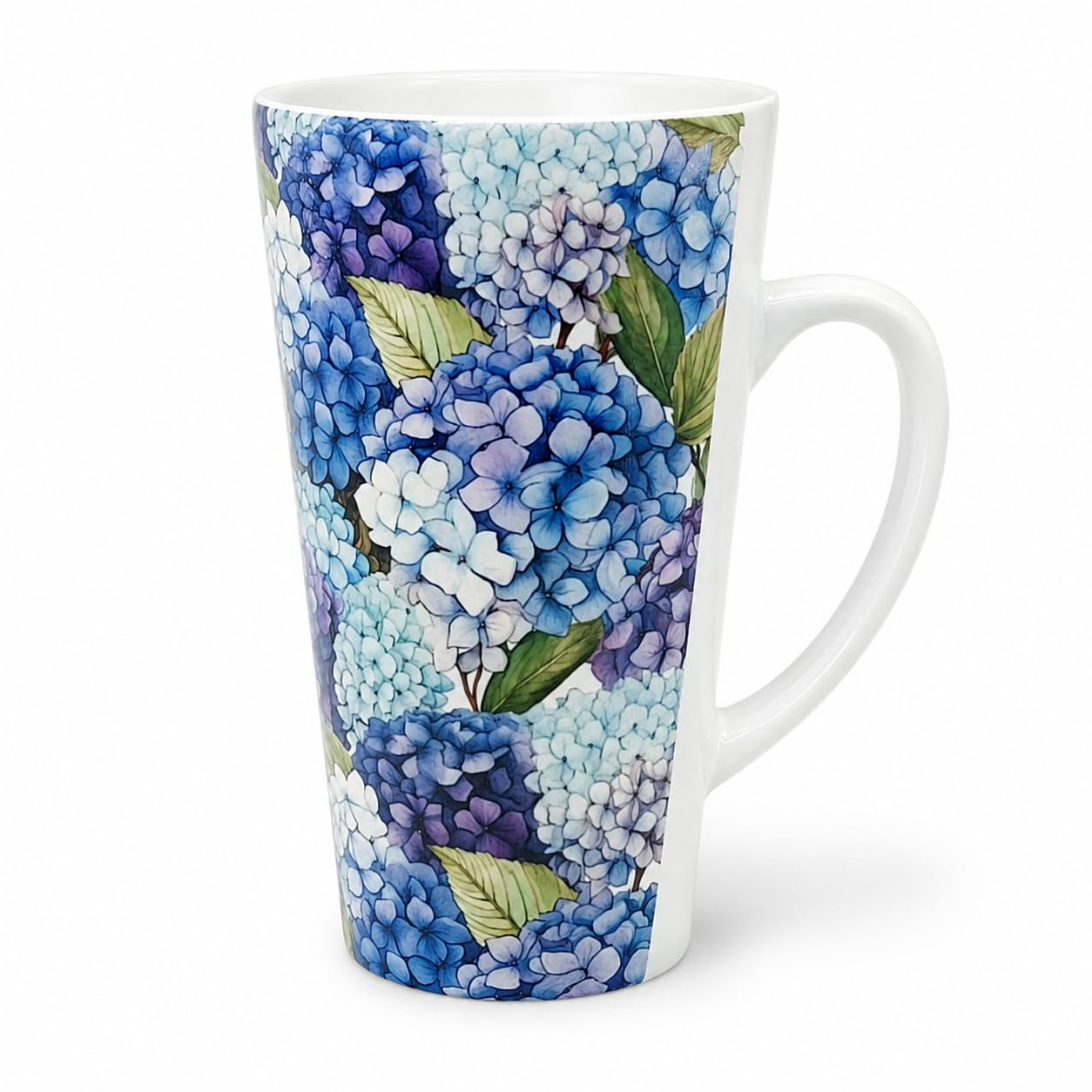 Blue & Purple Hydrangea Latte Mug by Mugzan 17oz ceramic with floral wraparound design