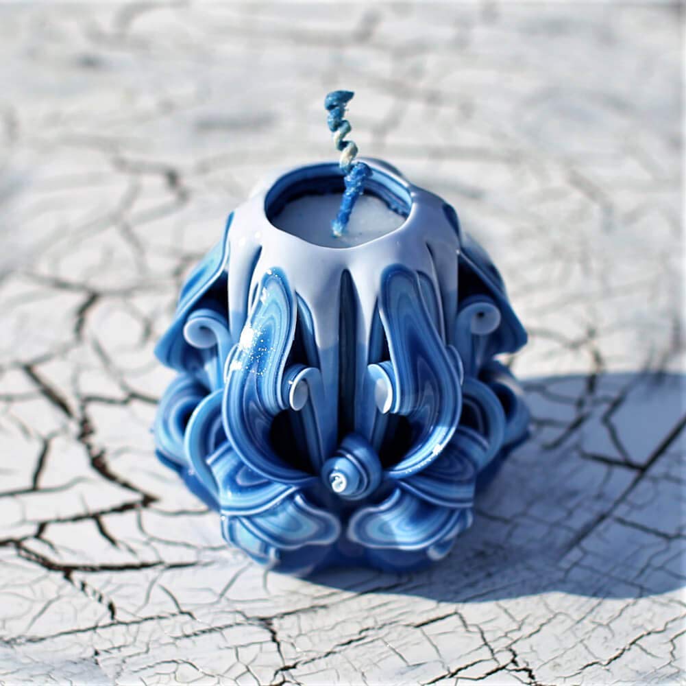 Gift ready blue carved candle for women or men