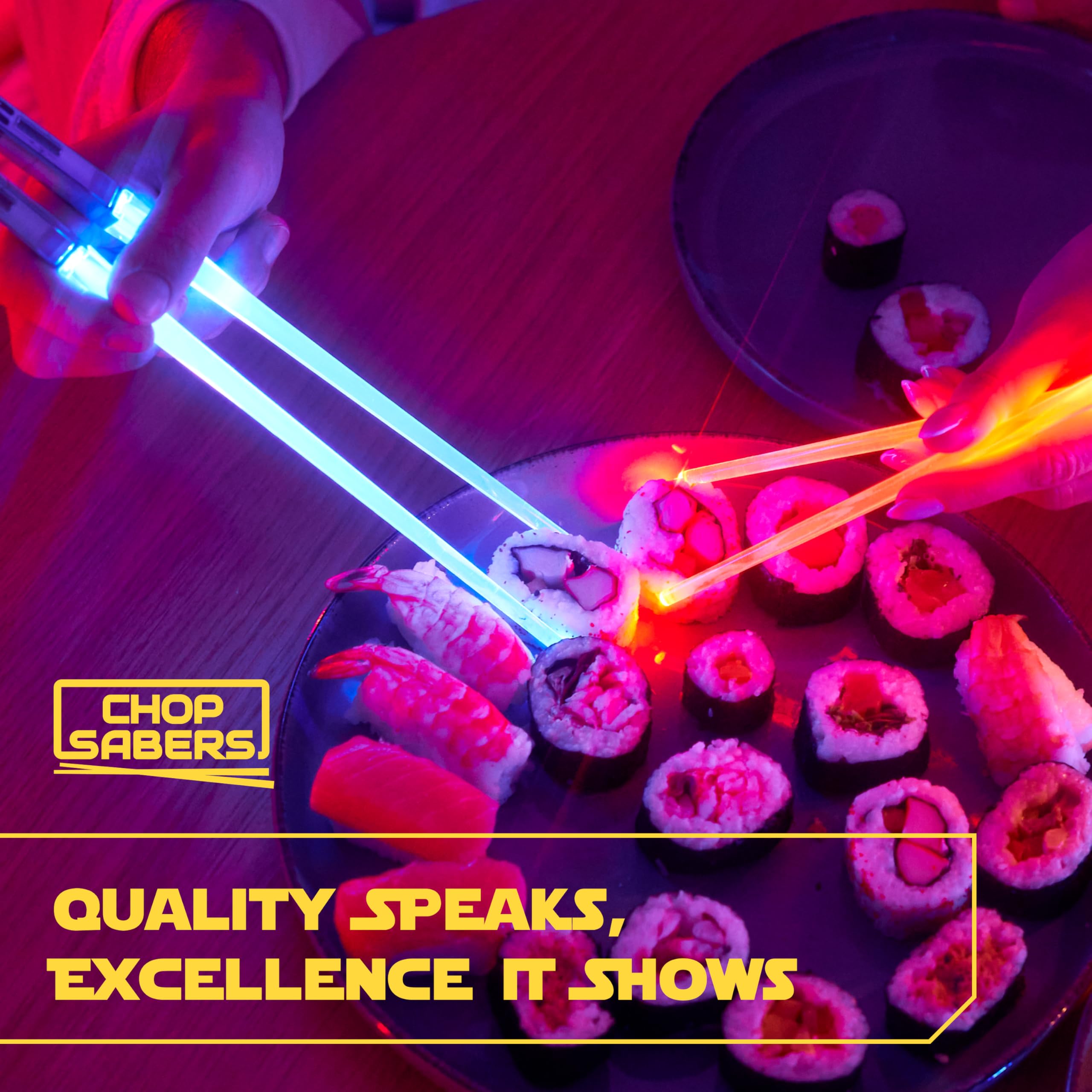 Blue and red illuminated chopsticks for themed dining
