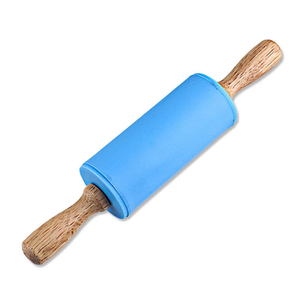 Rolling pin showing blue and red color with wooden body