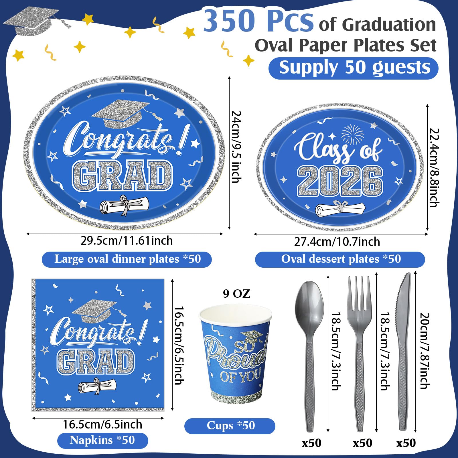 Blue silver oval plates 10x12 inches for Class of 2026