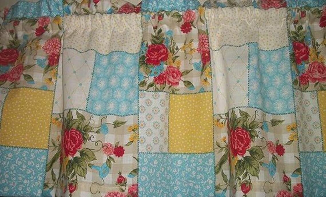Blue floral patchwork valance for farmhouse kitchen windows