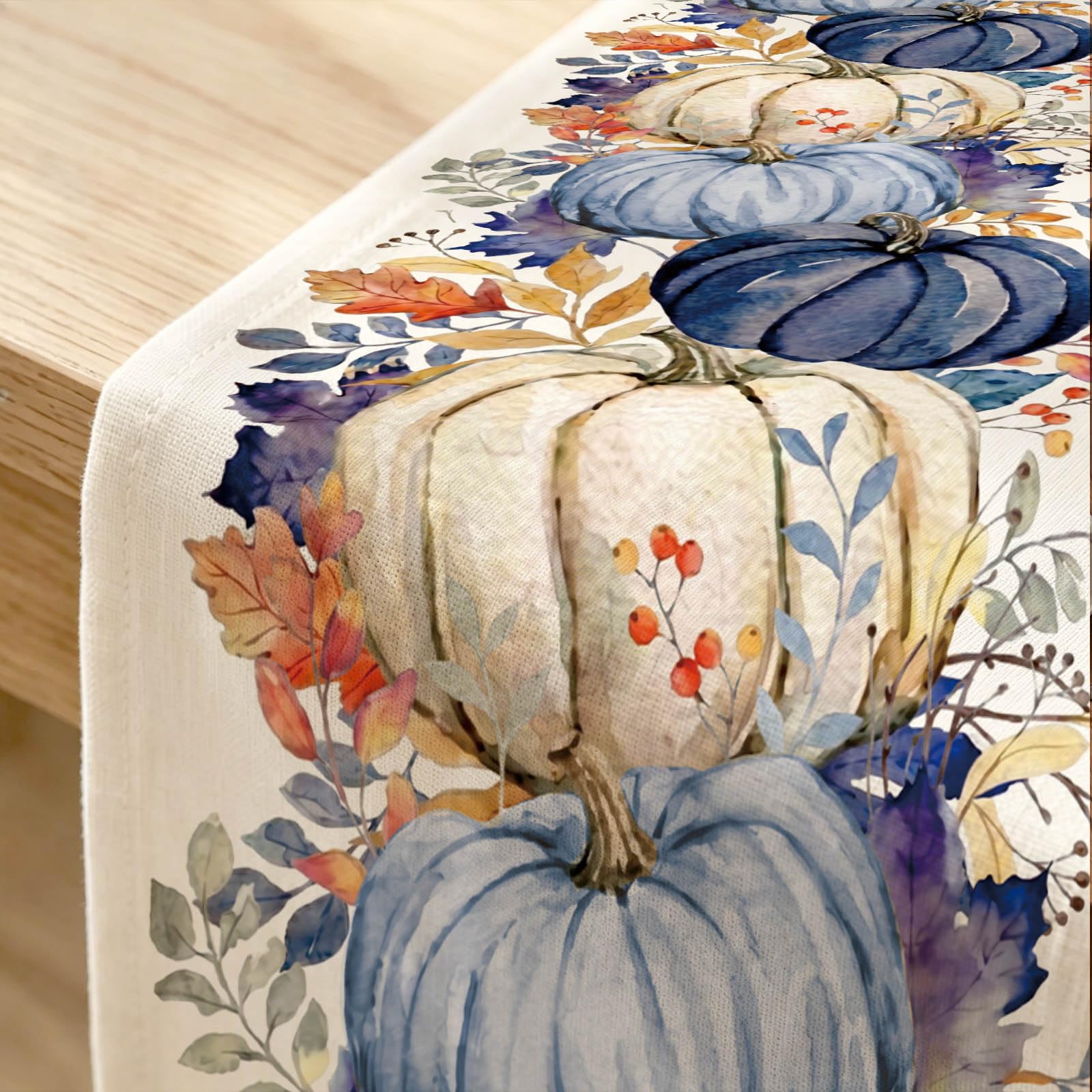 Table setting featuring Blue Pumpkin Maple Leaf Fall Dinging Table Runner 13x72 Inch