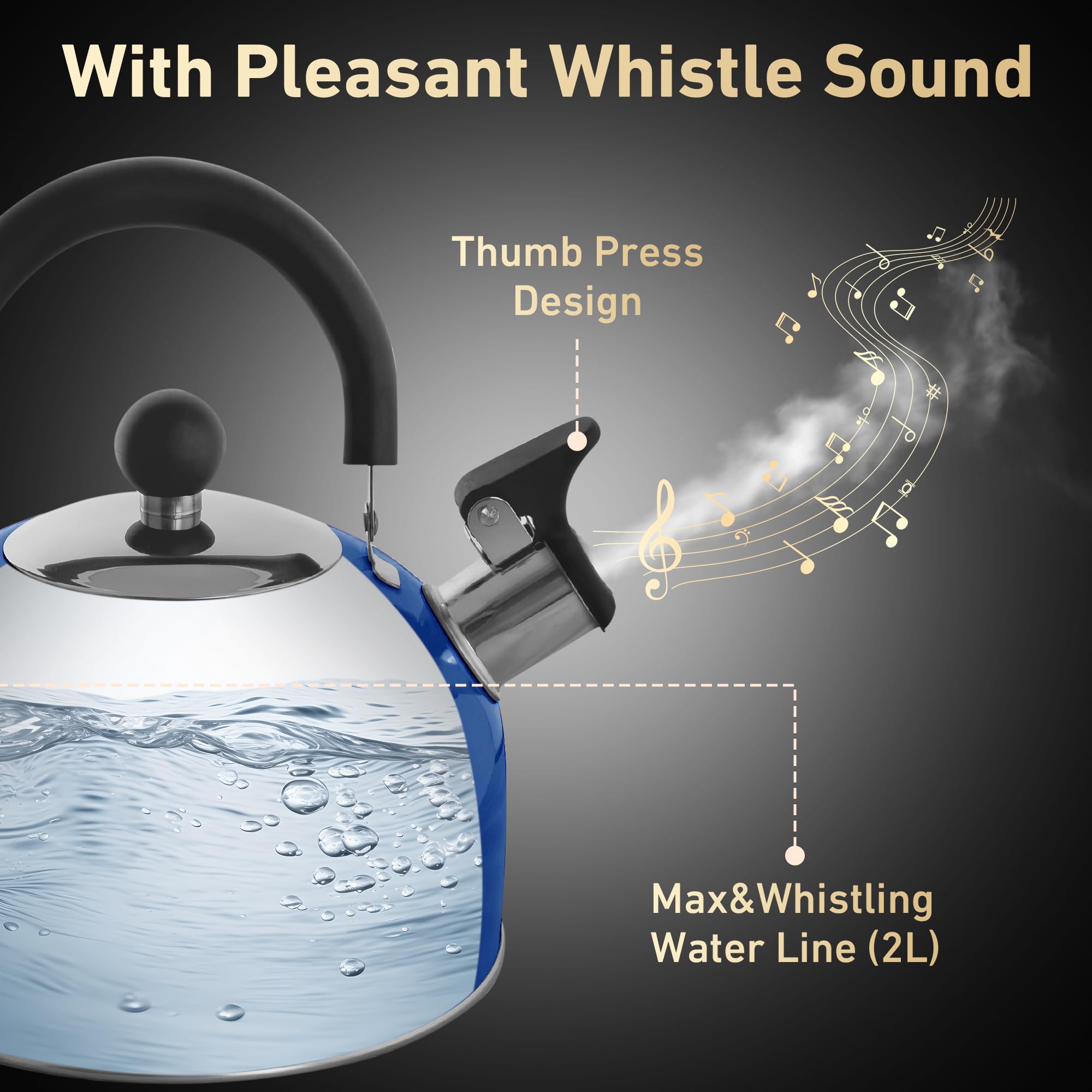 Ergonomic full loop phenolic handle on whistling kettle