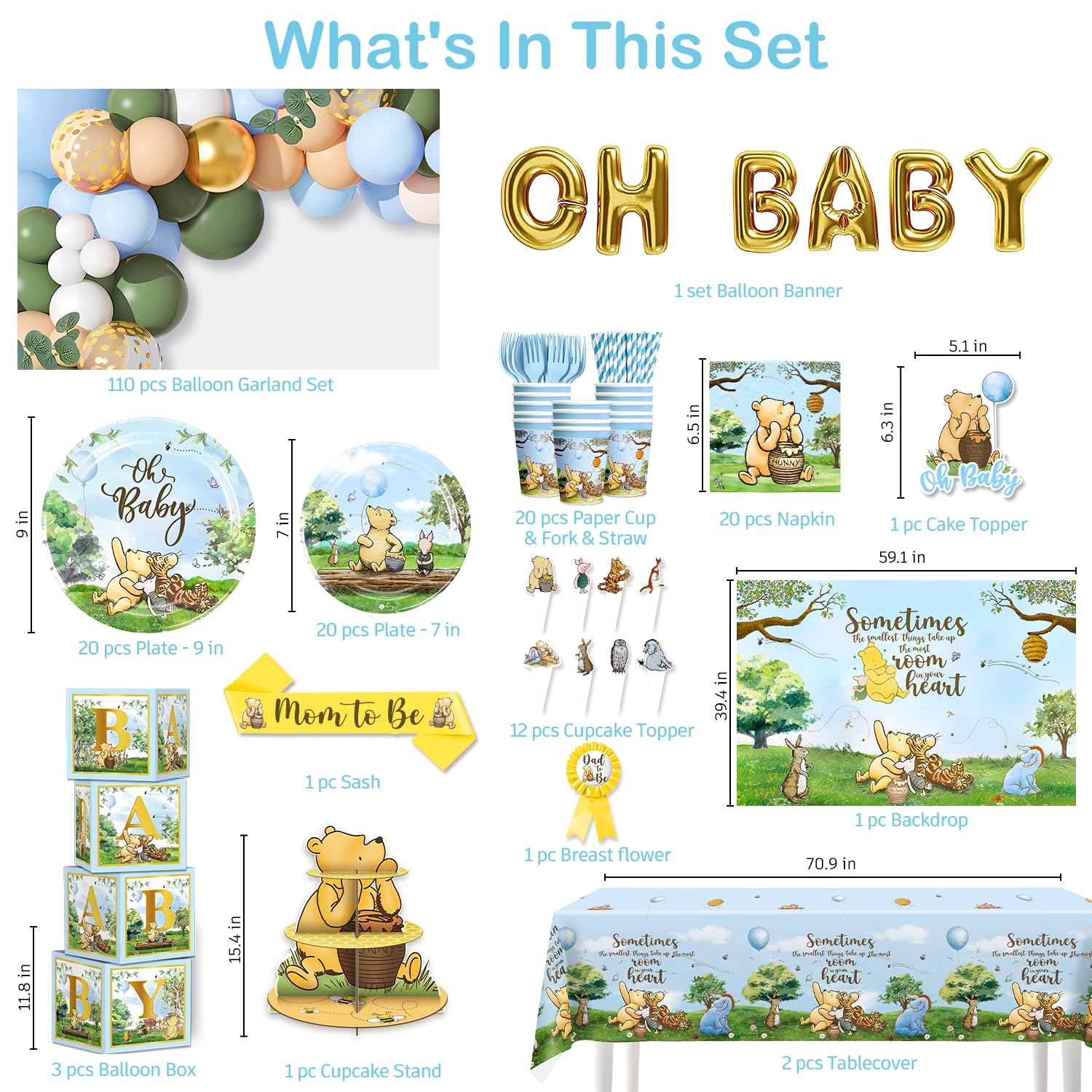 Blue vintage bear baby shower kit with balloons and backdrop