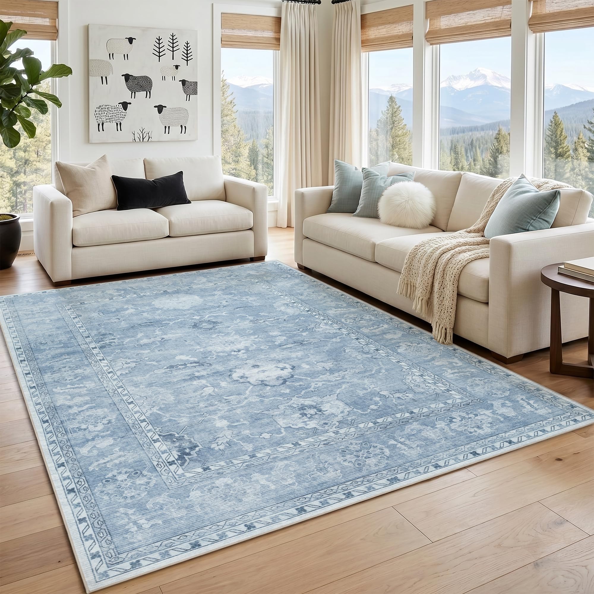 Blue distressed vintage 5x7 rug with pattern image