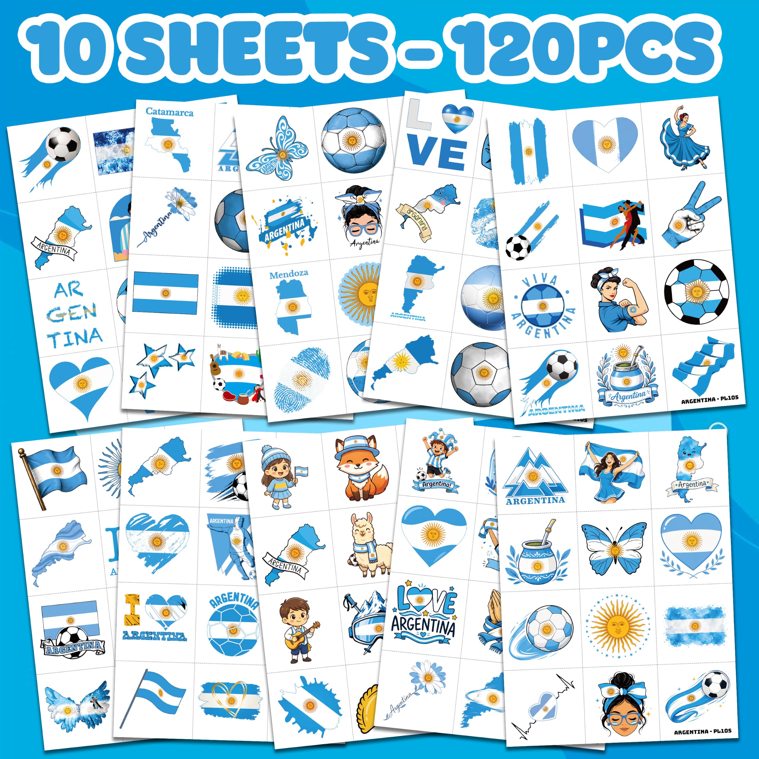 Blue and white Argentina themed temporary tattoos for kids