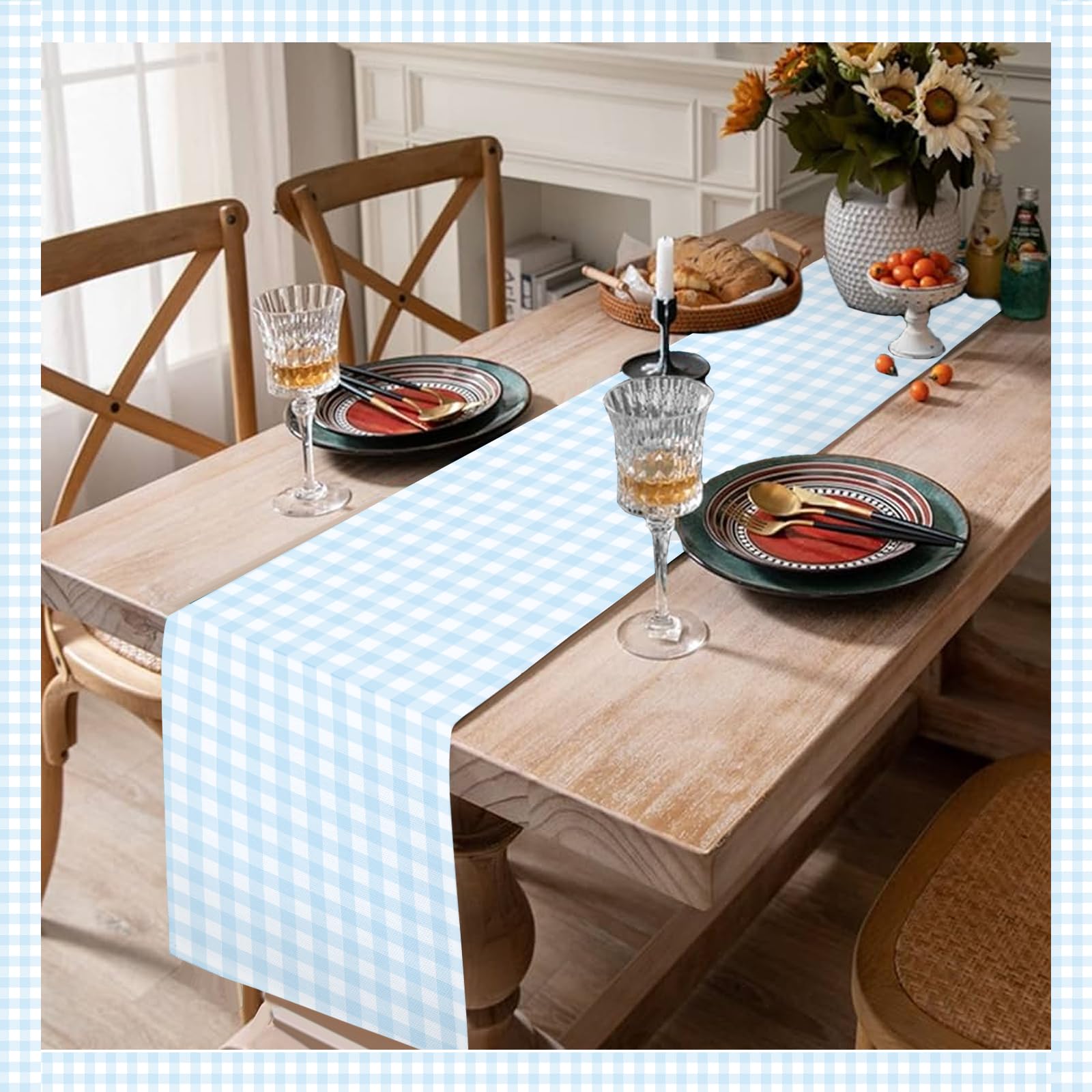 Classic buffalo check pattern table runner blue white 71 x 13 inches