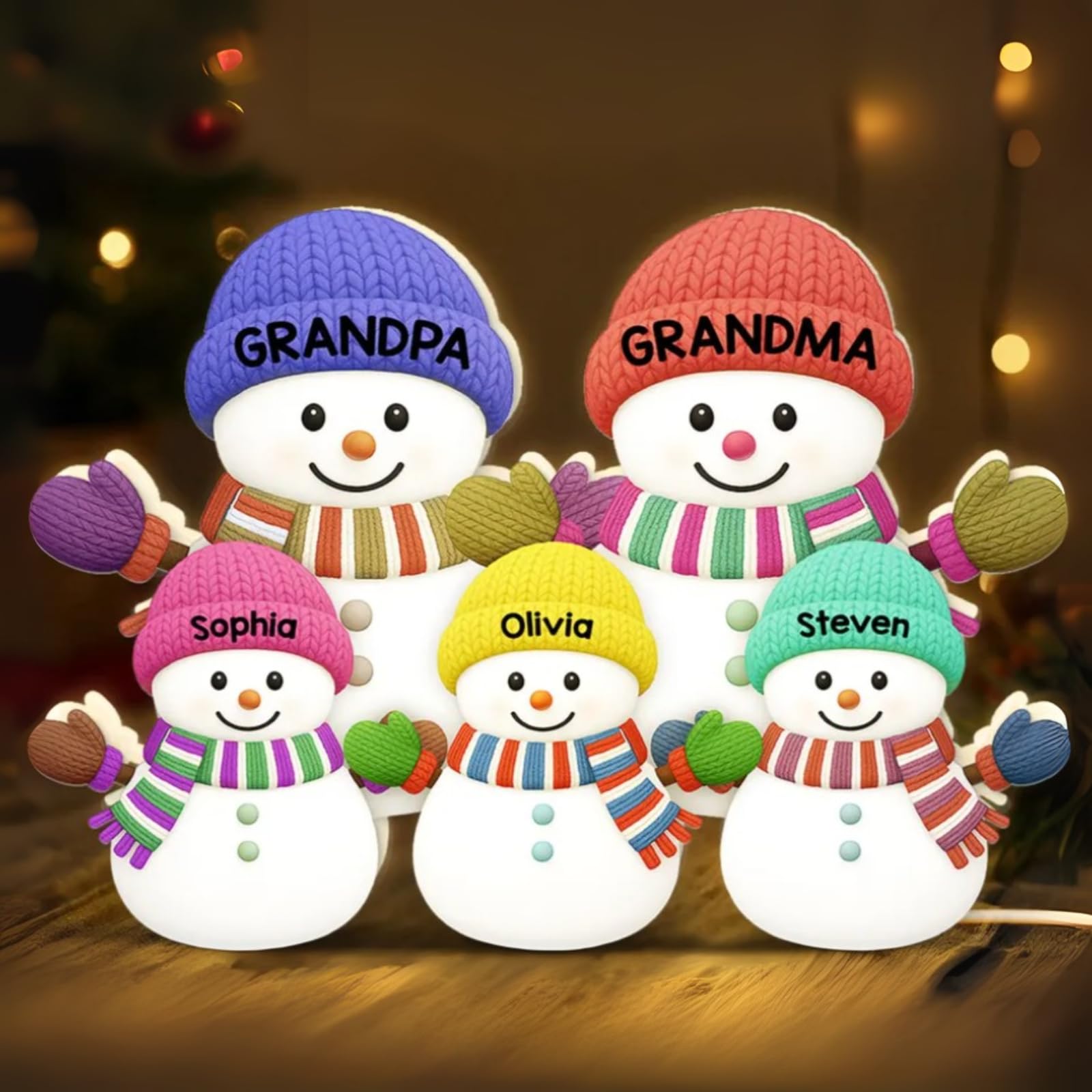 Grandparents snowman LED light frame with grandchildren names close up
