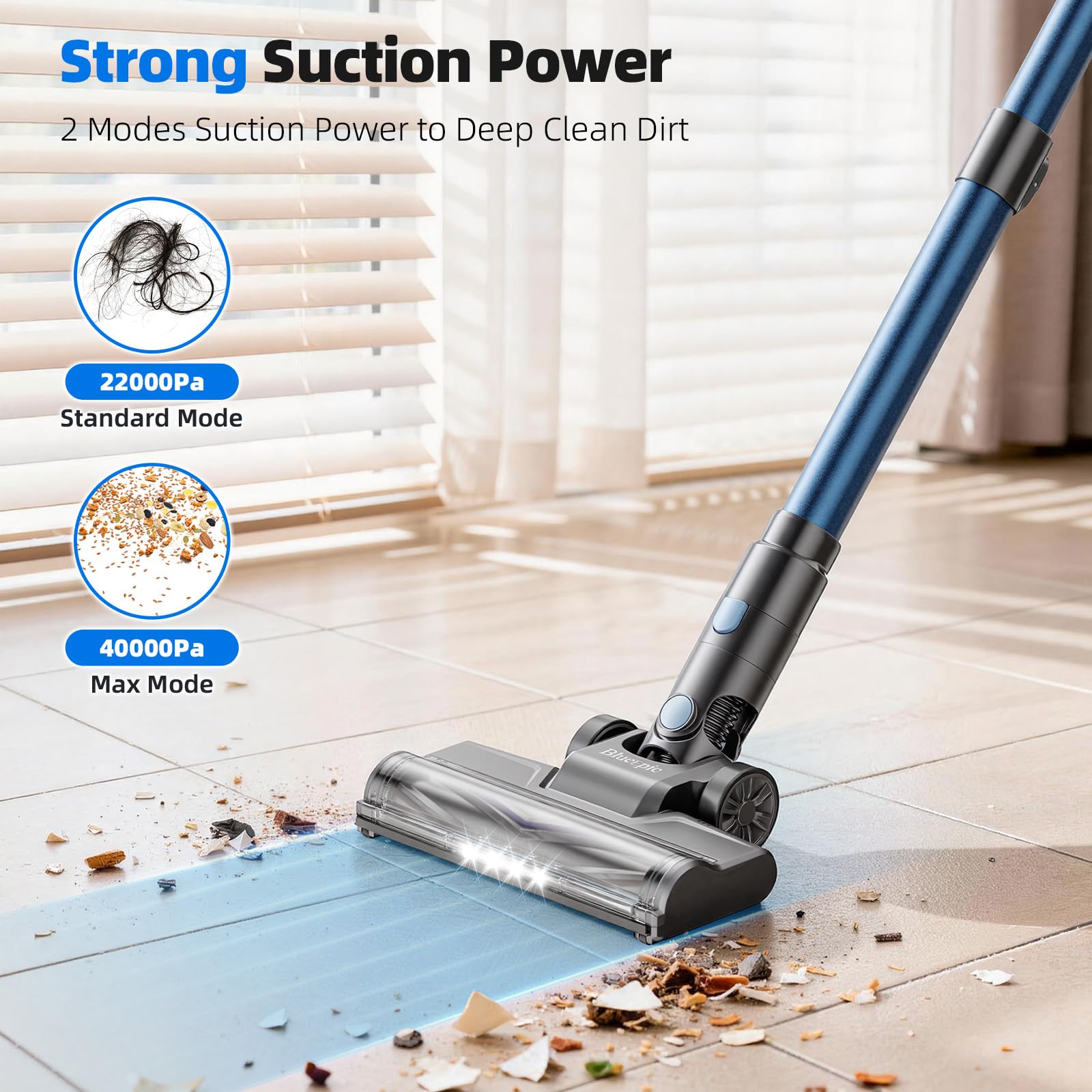 BlueEpic cordless vacuum cleaner 40kPa suction label close-up