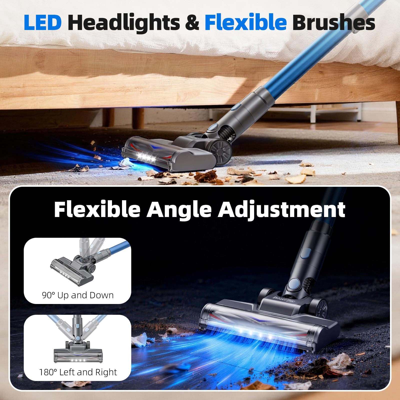 BlueEpic pet hair cleaning on hard floor using cordless vacuum