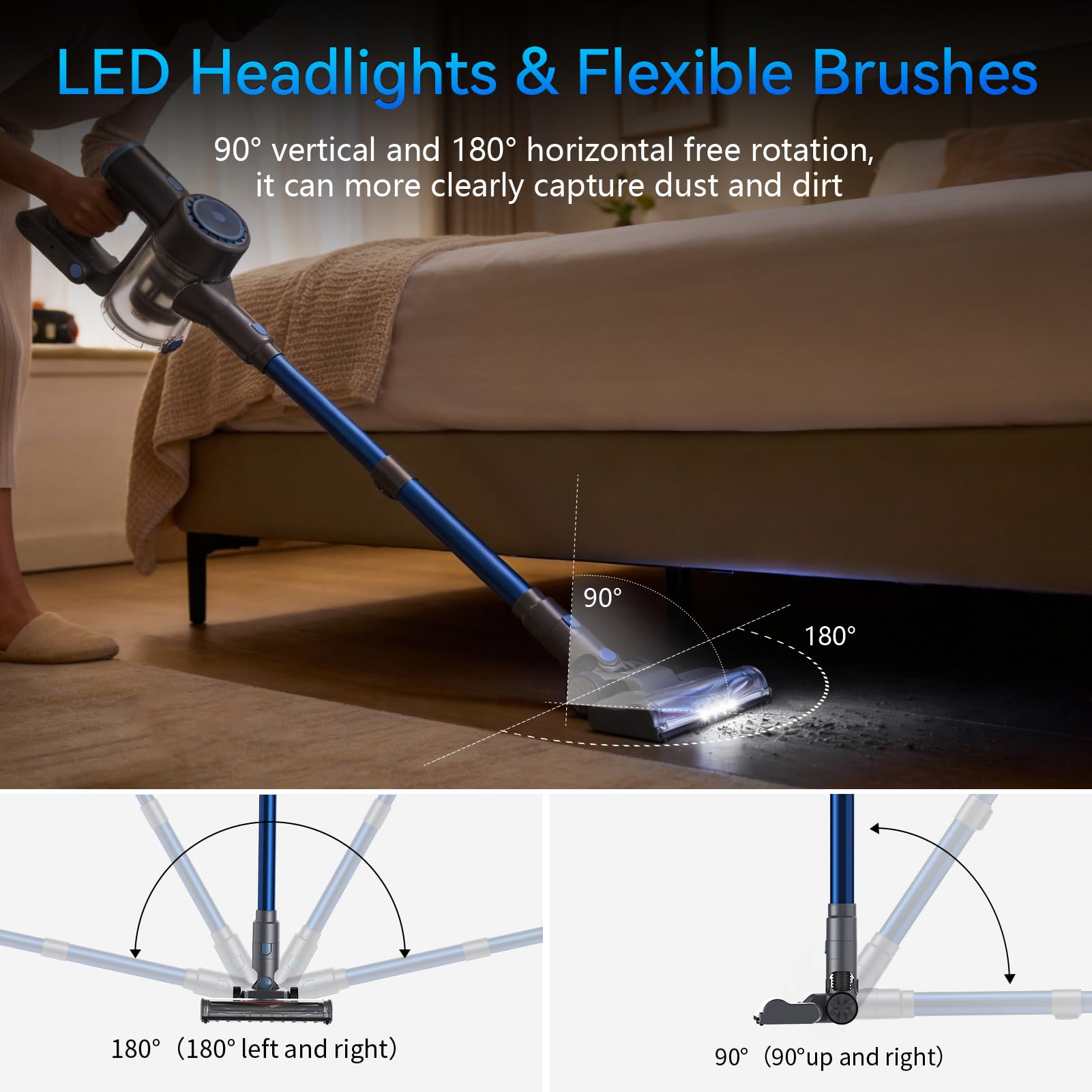 BlueEpic motorised brush with V-shaped anti-tangle and LED headlights