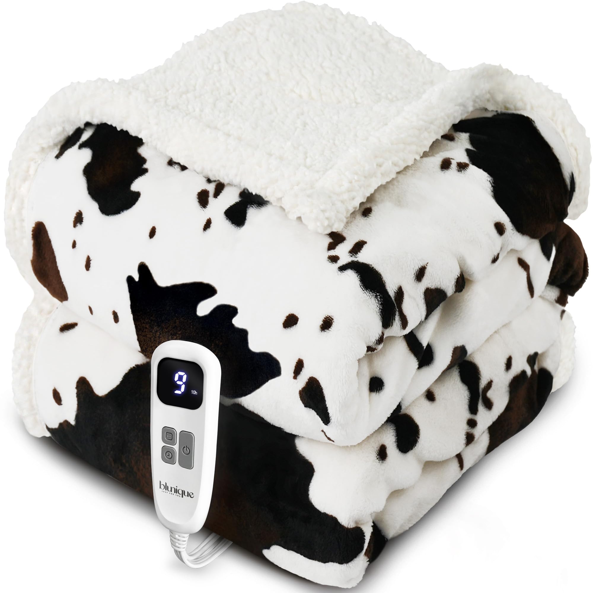 blunique heated blanket 50x60 cow print white close up texture