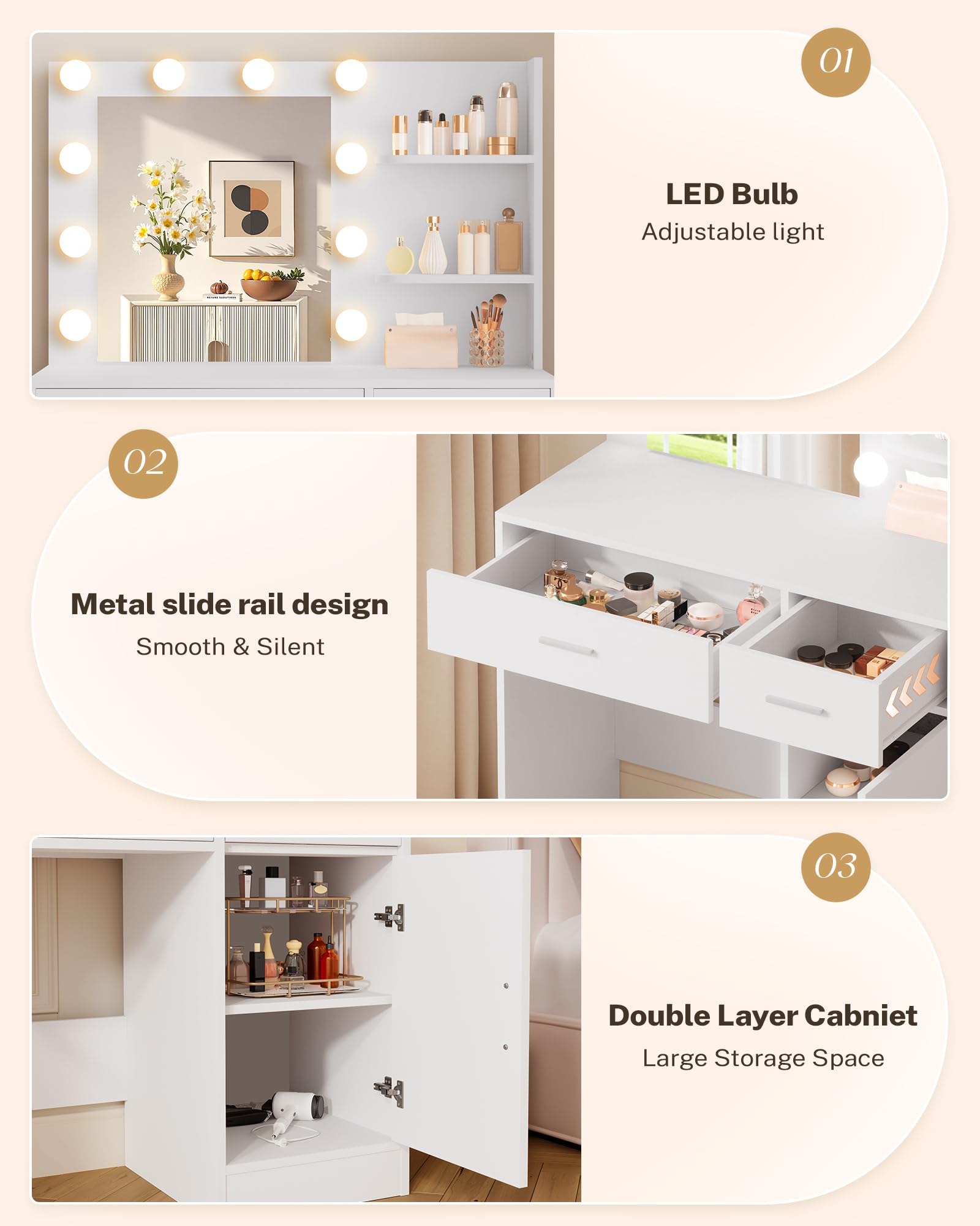 Open shelves on LIVELYGLOW vanity desk